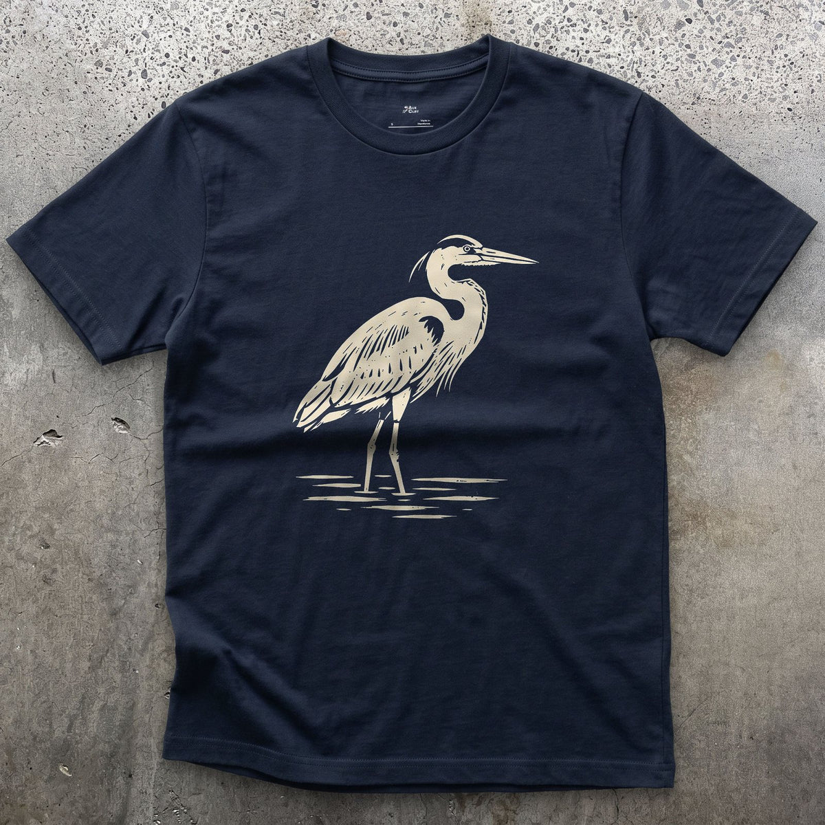 Waiting Longer Than You Will, Heron design on a Navy Gildan Softstyle t-shirt