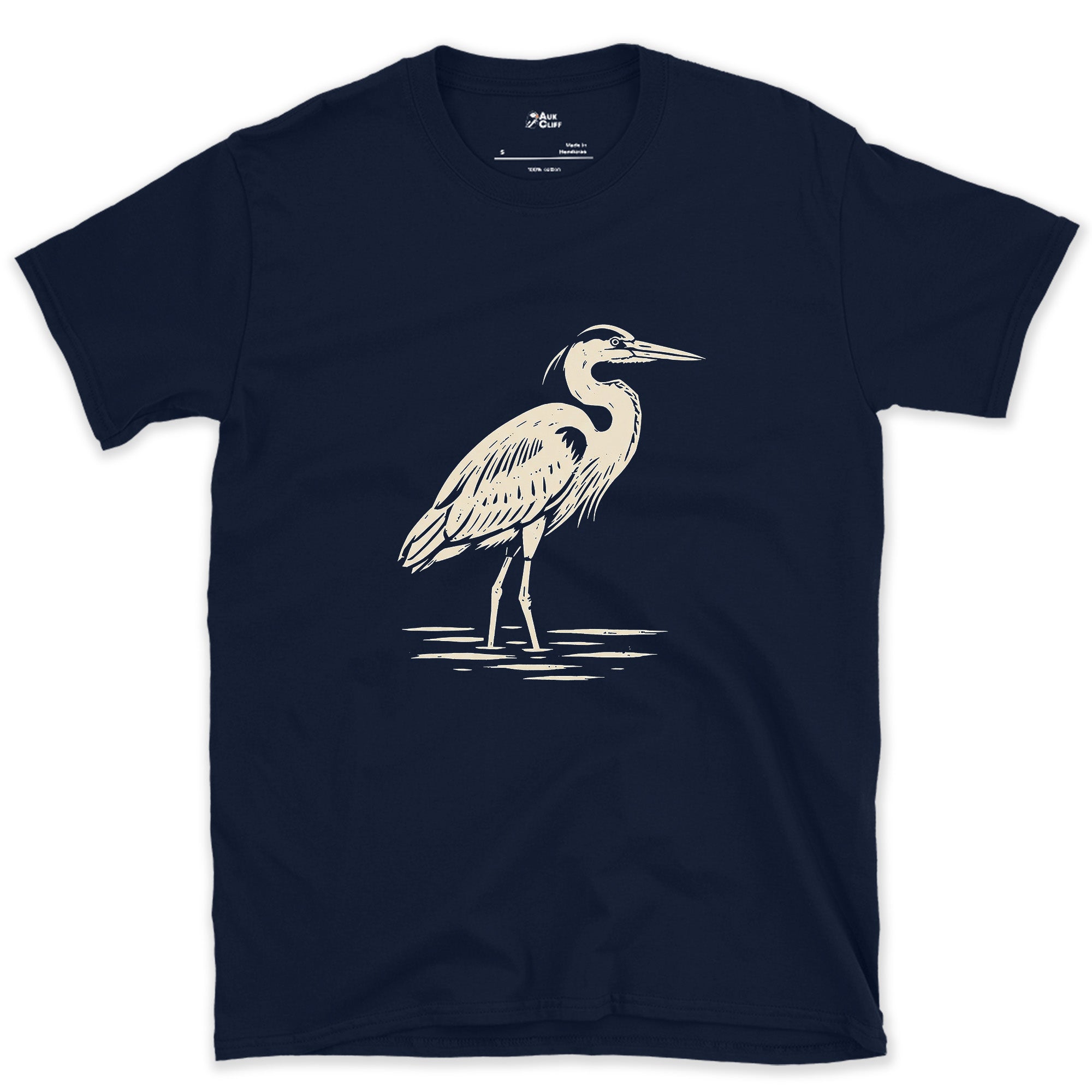Waiting Longer Than You Will, Heron design on a Navy Gildan Softstyle t-shirt