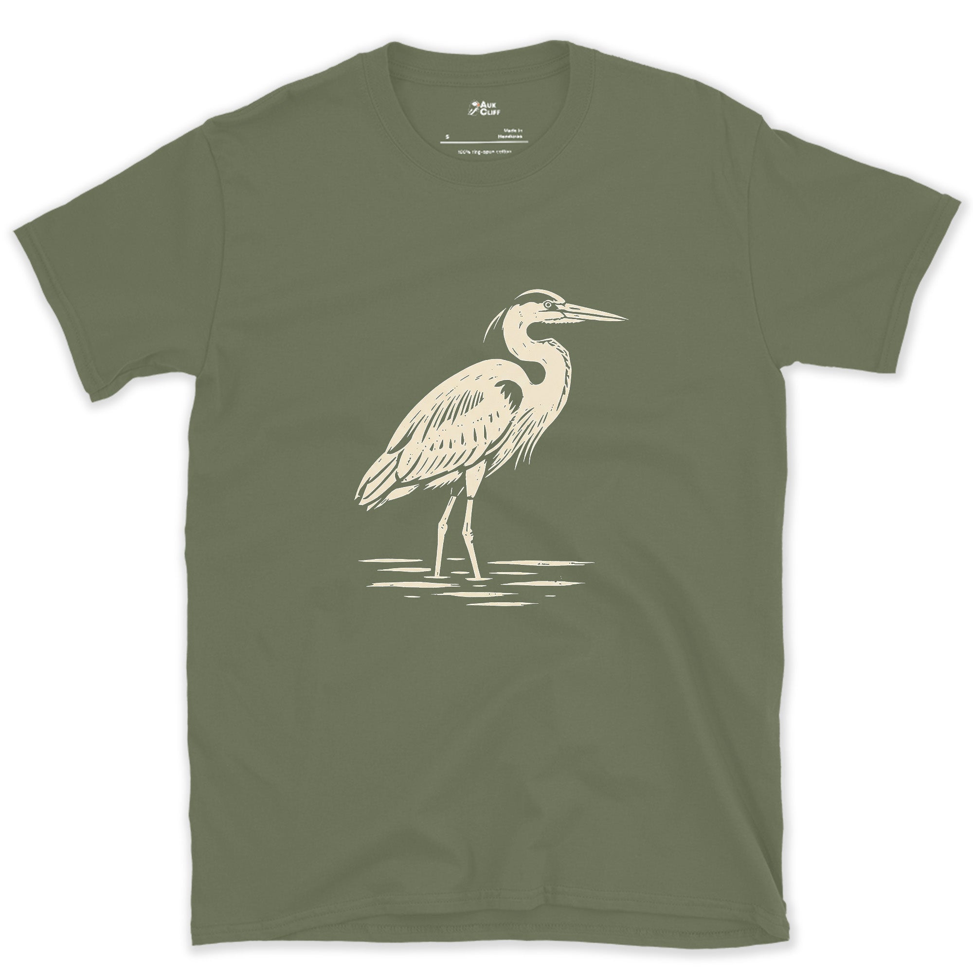 Waiting Longer Than You Will, Heron design on a Military Green Gildan Softstyle t-shirt