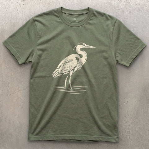 Waiting Longer Than You Will, Heron design on a Military Green Gildan Softstyle t-shirt