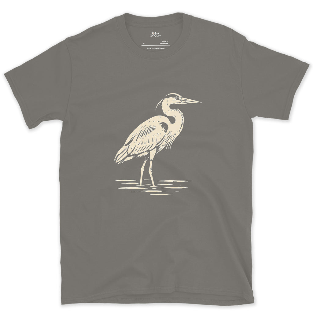 Waiting Longer Than You Will, Heron design on a Charcoal Gildan Softstyle t-shirt