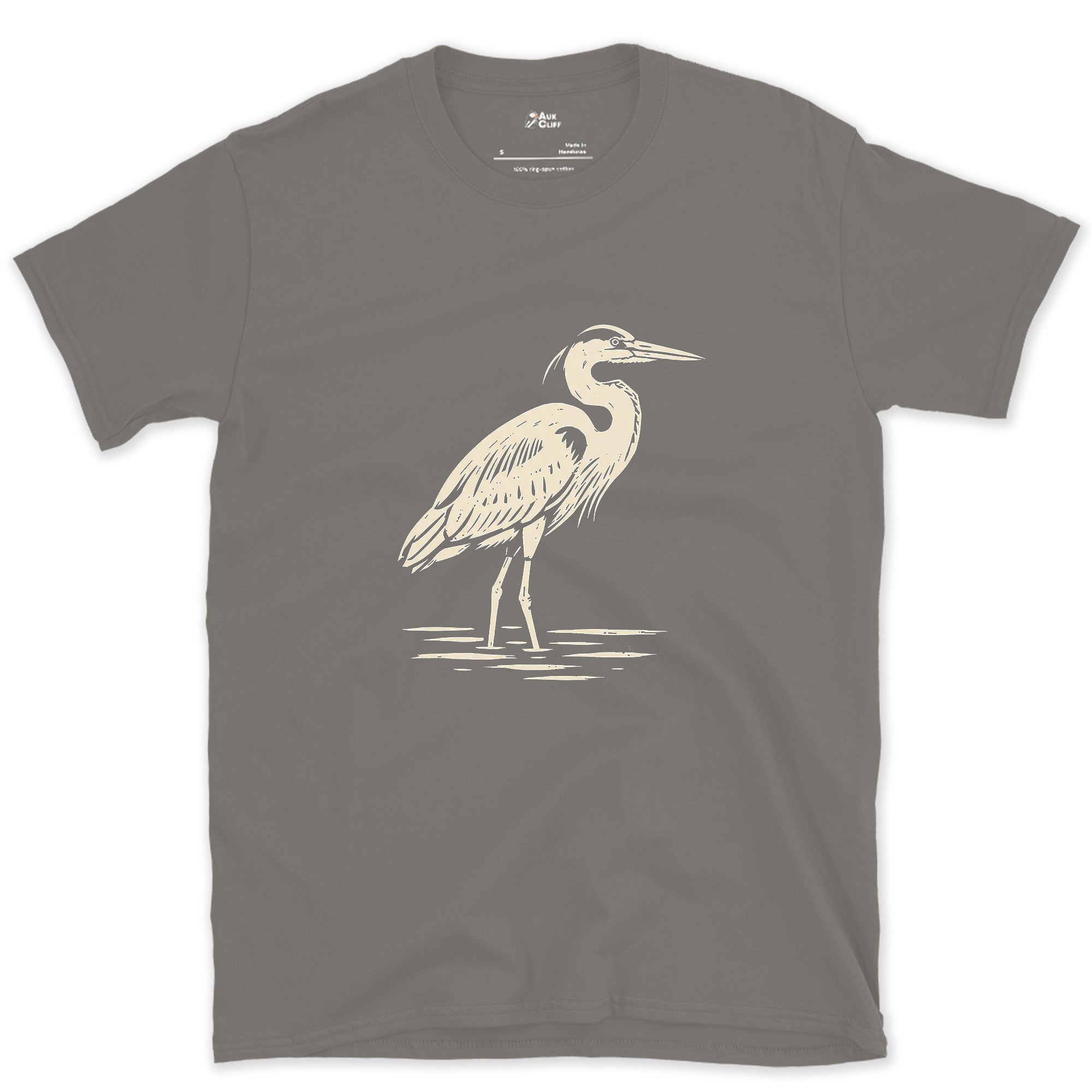 Waiting Longer Than You Will, Heron design on a Charcoal Gildan Softstyle t-shirt