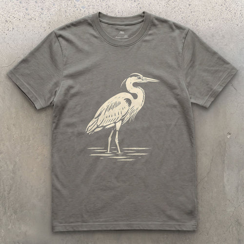 Waiting Longer Than You Will, Heron design on a Charcoal Gildan Softstyle t-shirt
