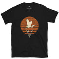 A Weathered Heron Against Rings of Colour design on a Black Gildan Softstyle t-shirt