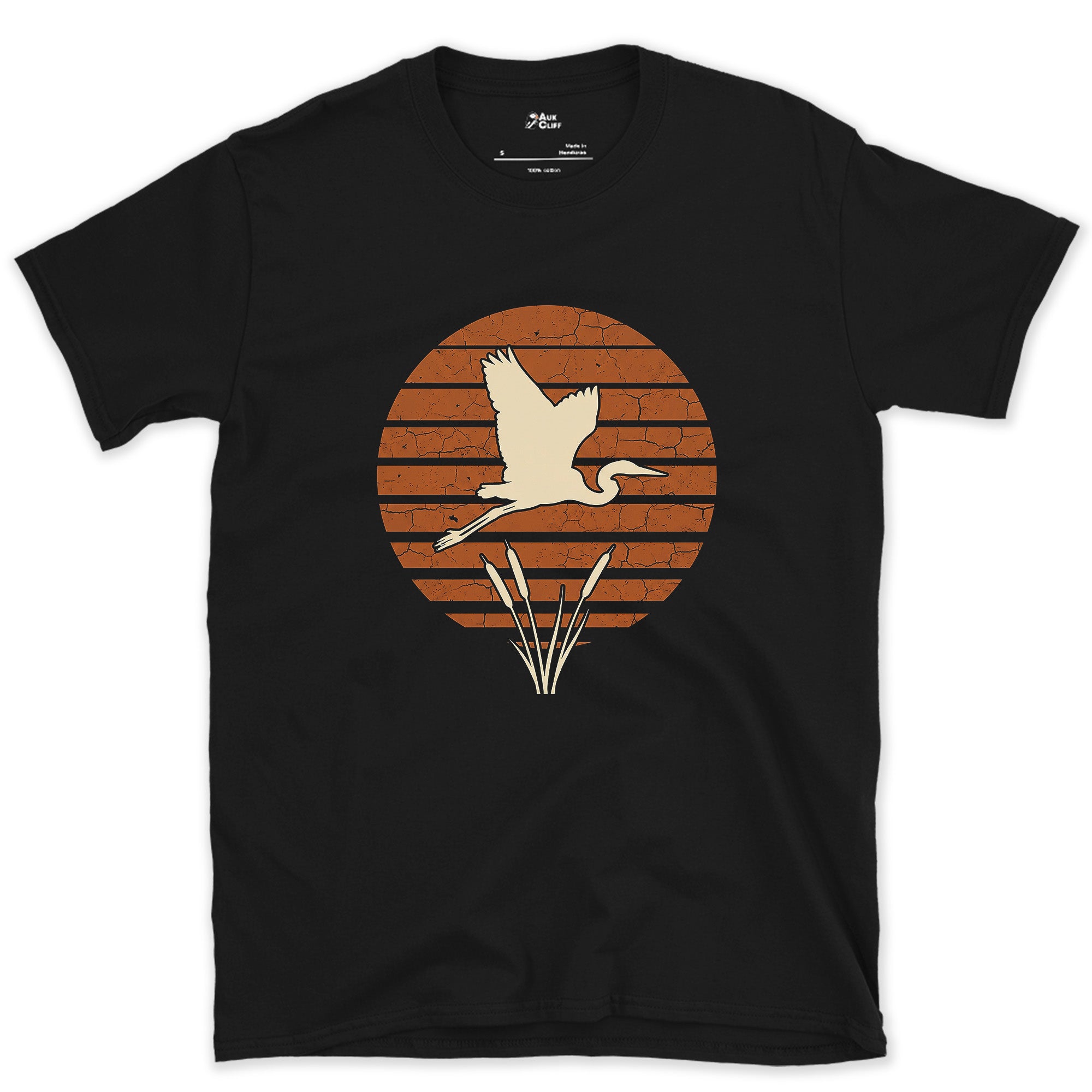 A Weathered Heron Against Rings of Colour design on a Black Gildan Softstyle t-shirt