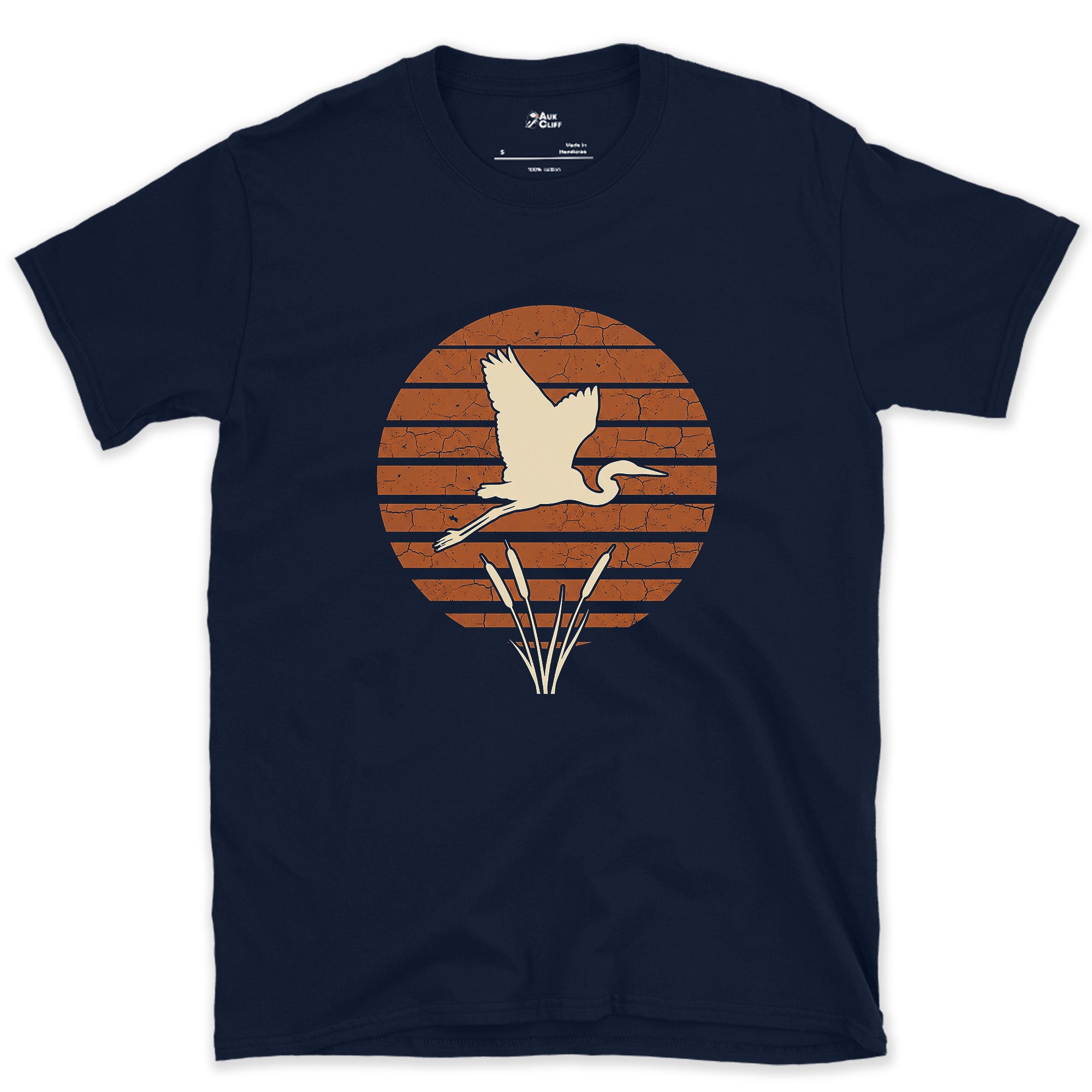A Weathered Heron Against Rings of Colour design on a Navy Gildan Softstyle t-shirt
