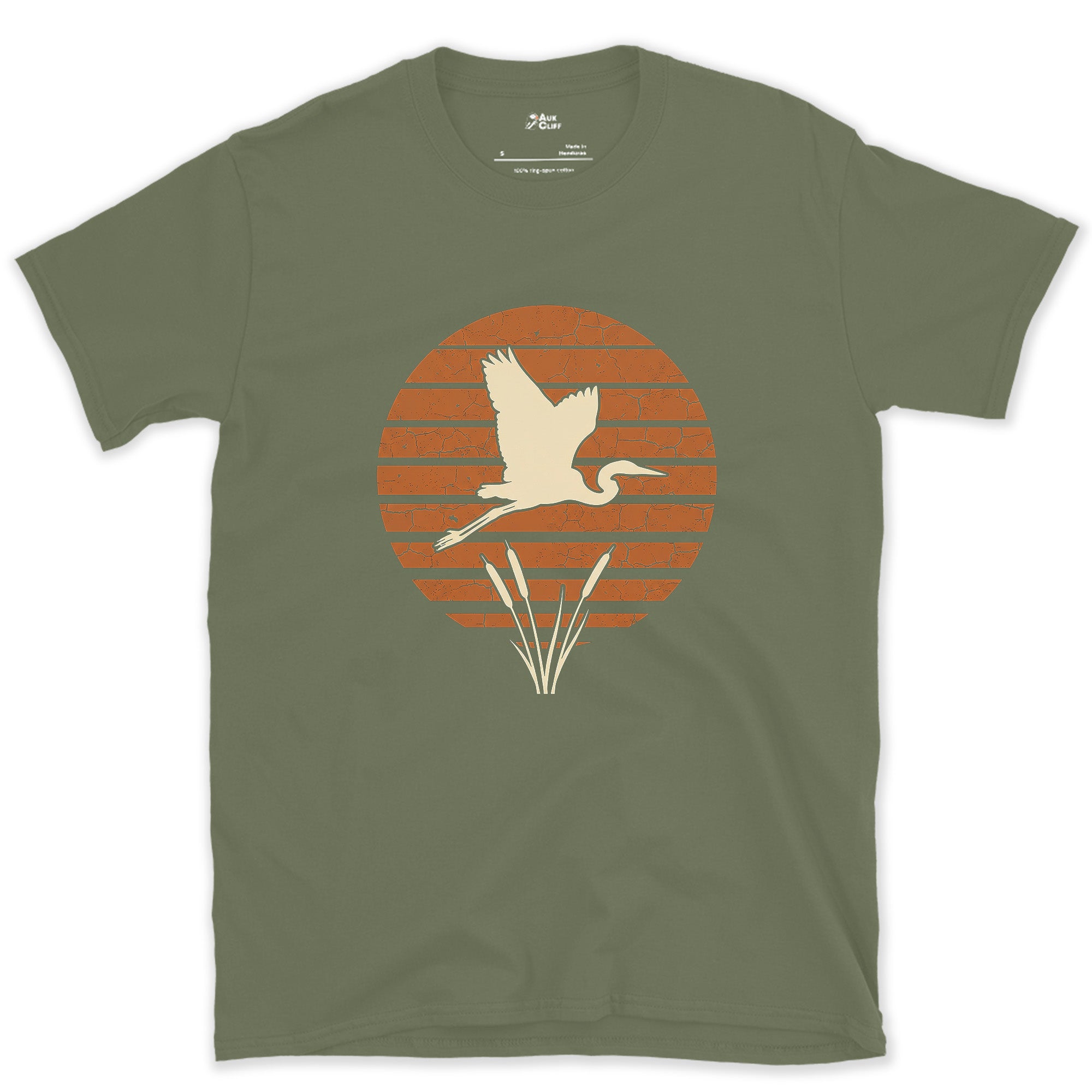 A Weathered Heron Against Rings of Colour design on a Military Green Gildan Softstyle t-shirt