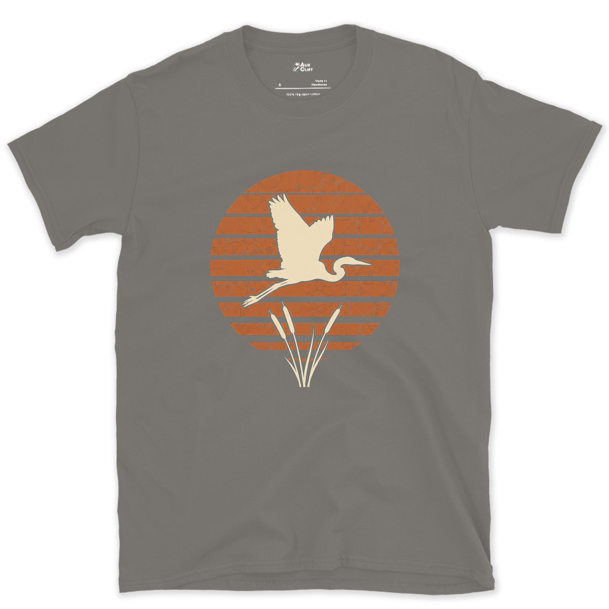 A Weathered Heron Against Rings of Colour design on a Charcoal Gildan Softstyle t-shirt