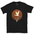 A Heron Standing Against Rings of Colour design on a Black Gildan Softstyle t-shirt