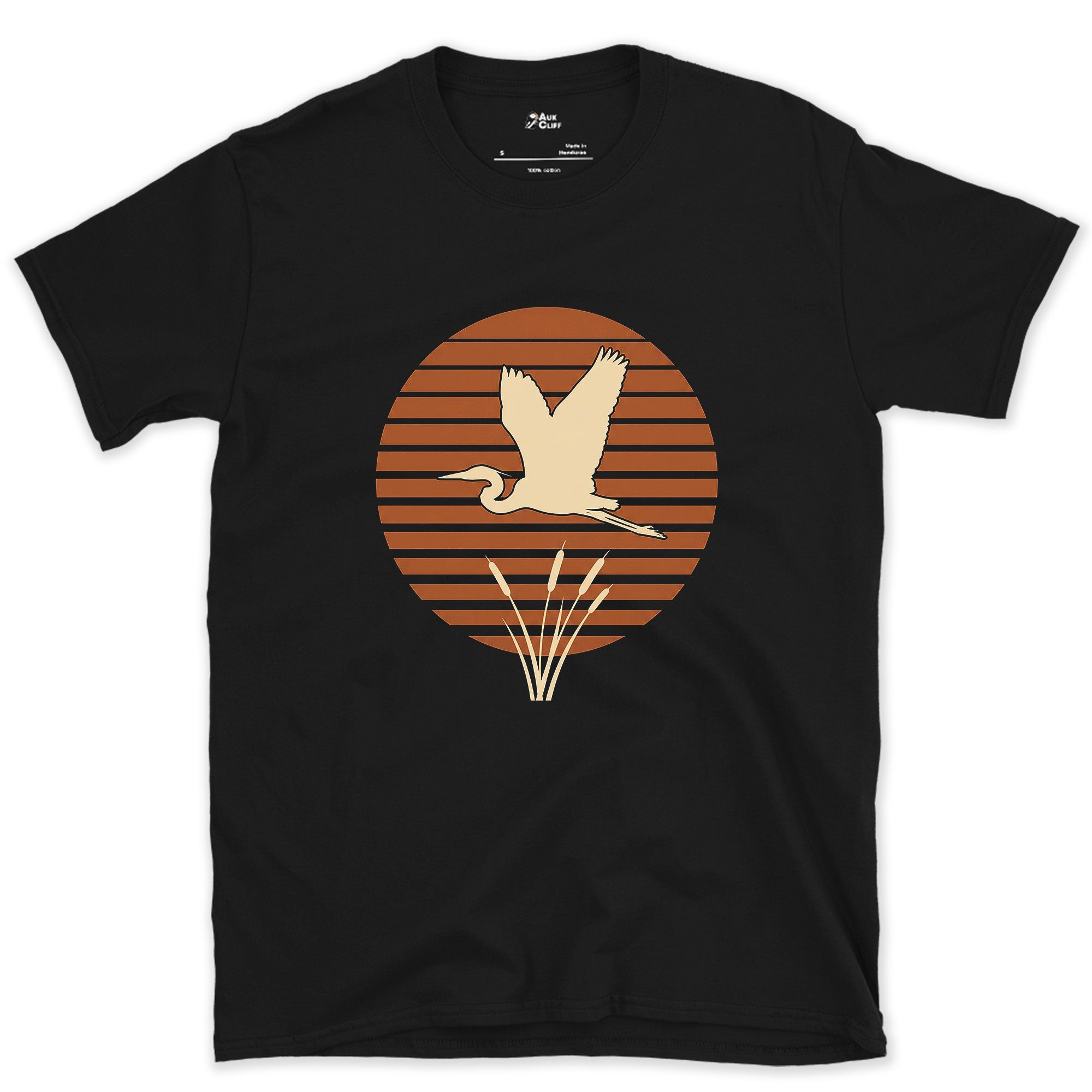 A Heron Standing Against Rings of Colour design on a Black Gildan Softstyle t-shirt