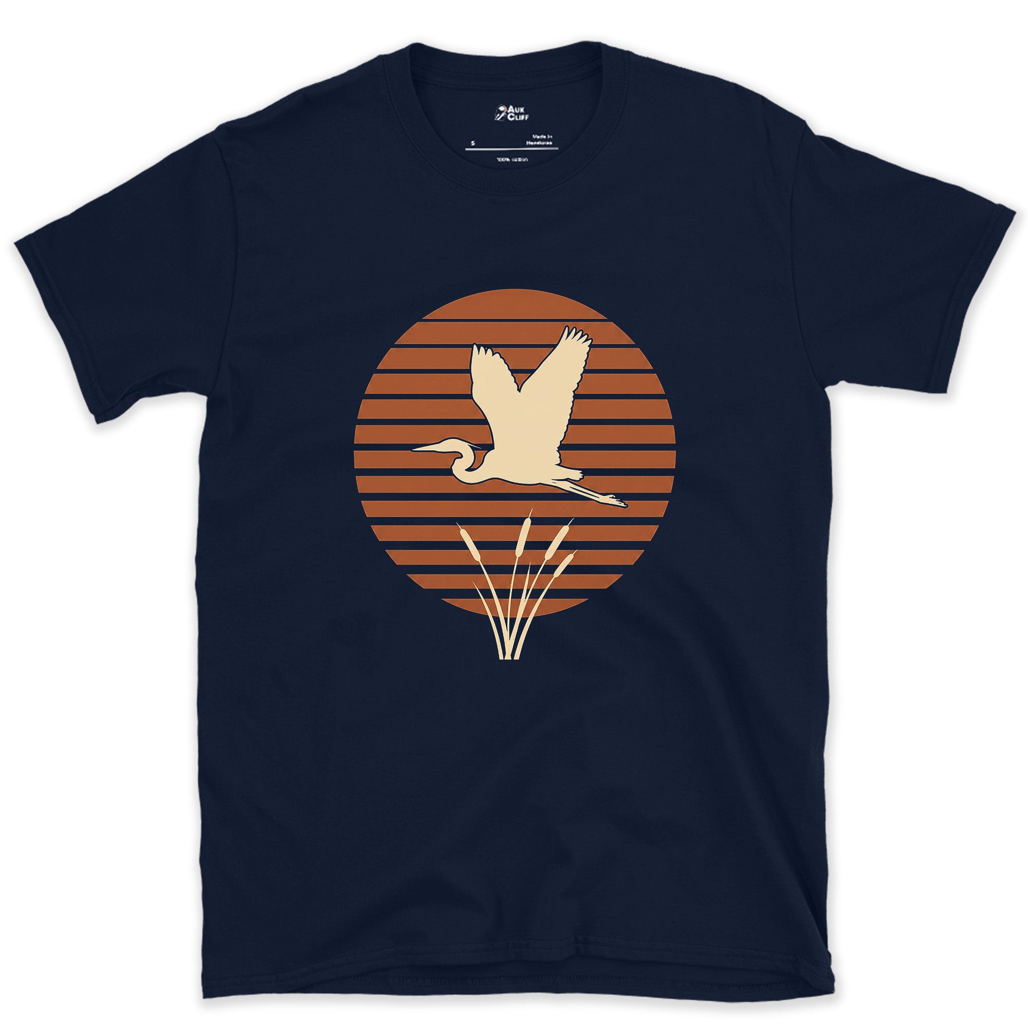 A Heron Standing Against Rings of Colour design on a Navy Gildan Softstyle t-shirt