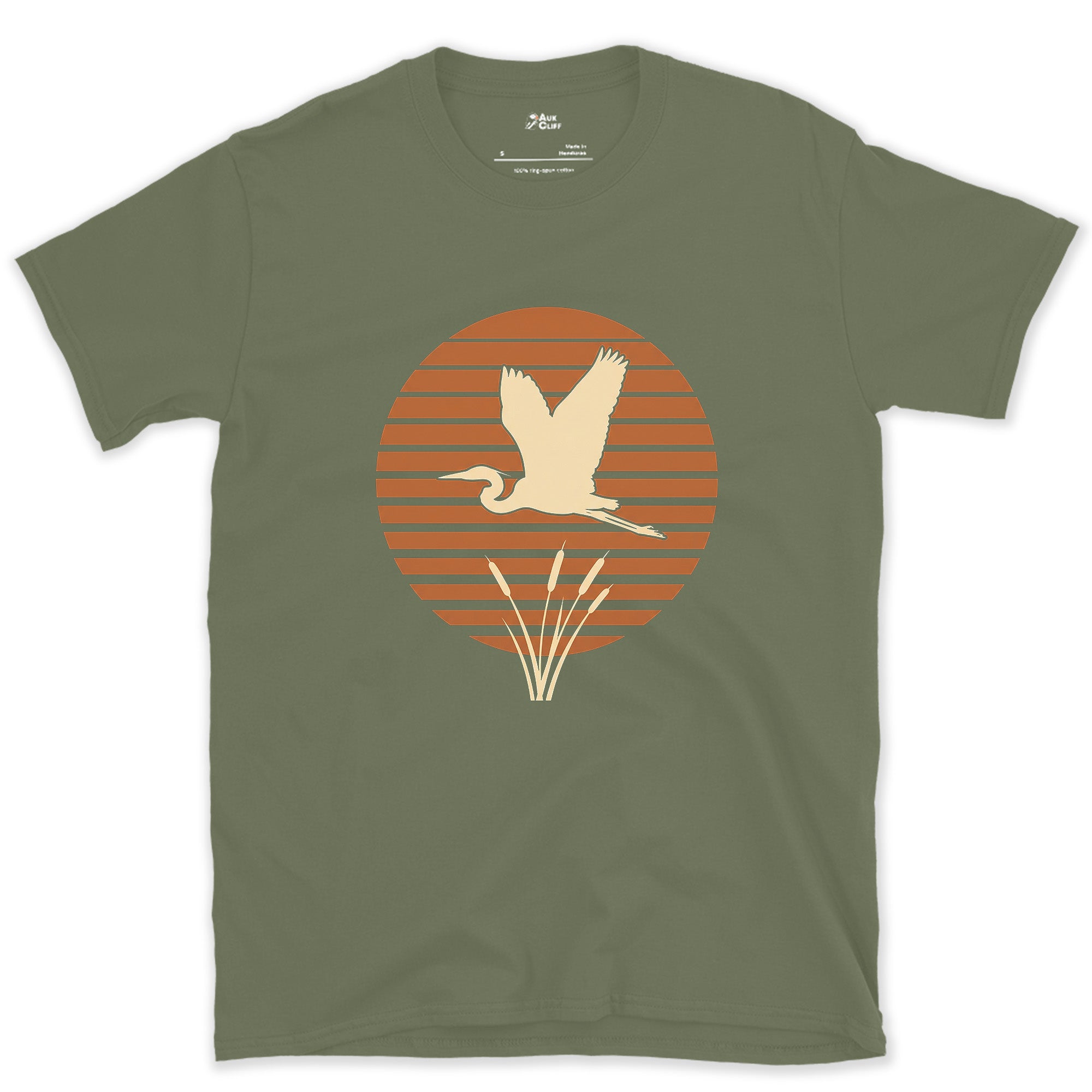 A Heron Standing Against Rings of Colour design on a Military Green Gildan Softstyle t-shirt