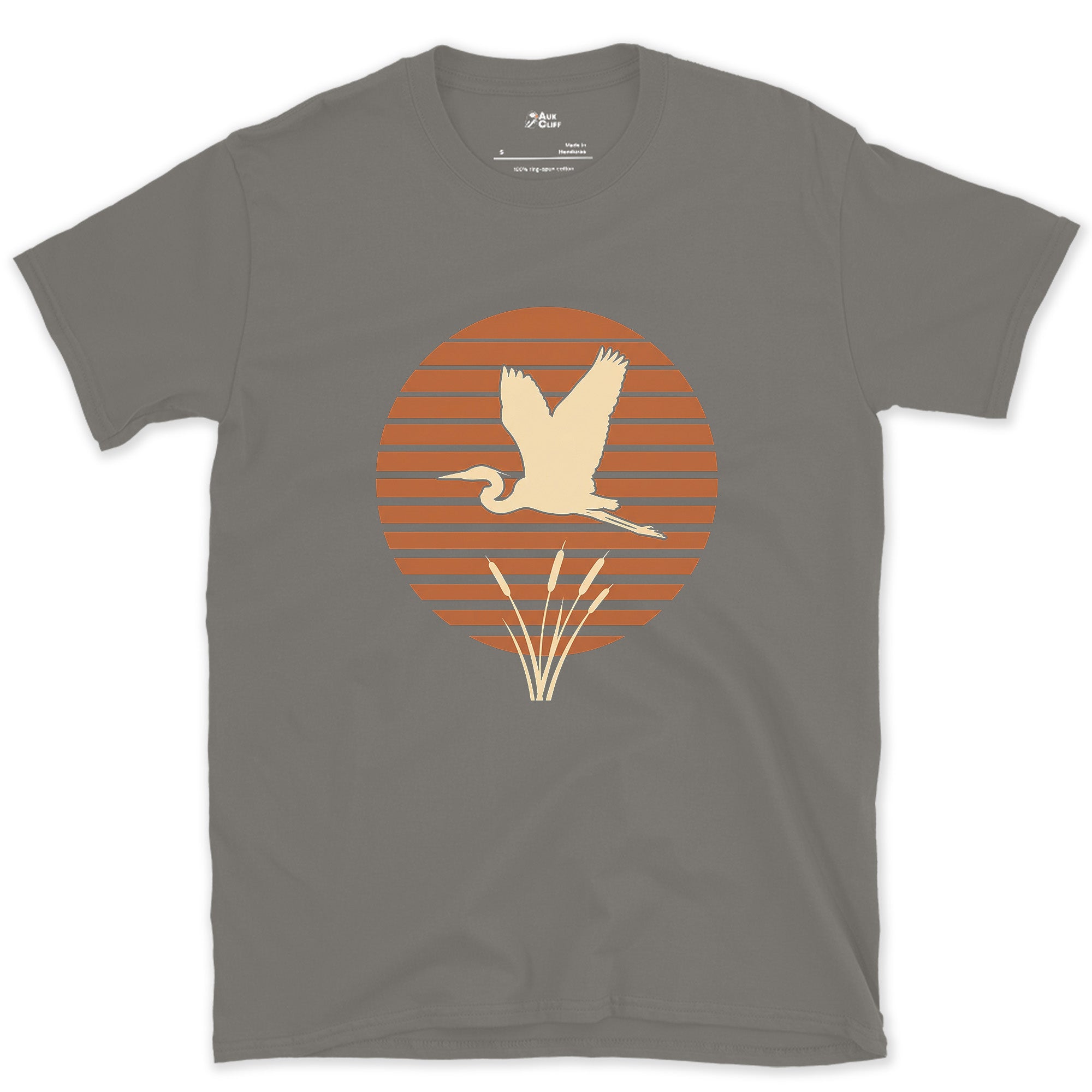 A Heron Standing Against Rings of Colour design on a Charcoal Gildan Softstyle t-shirt