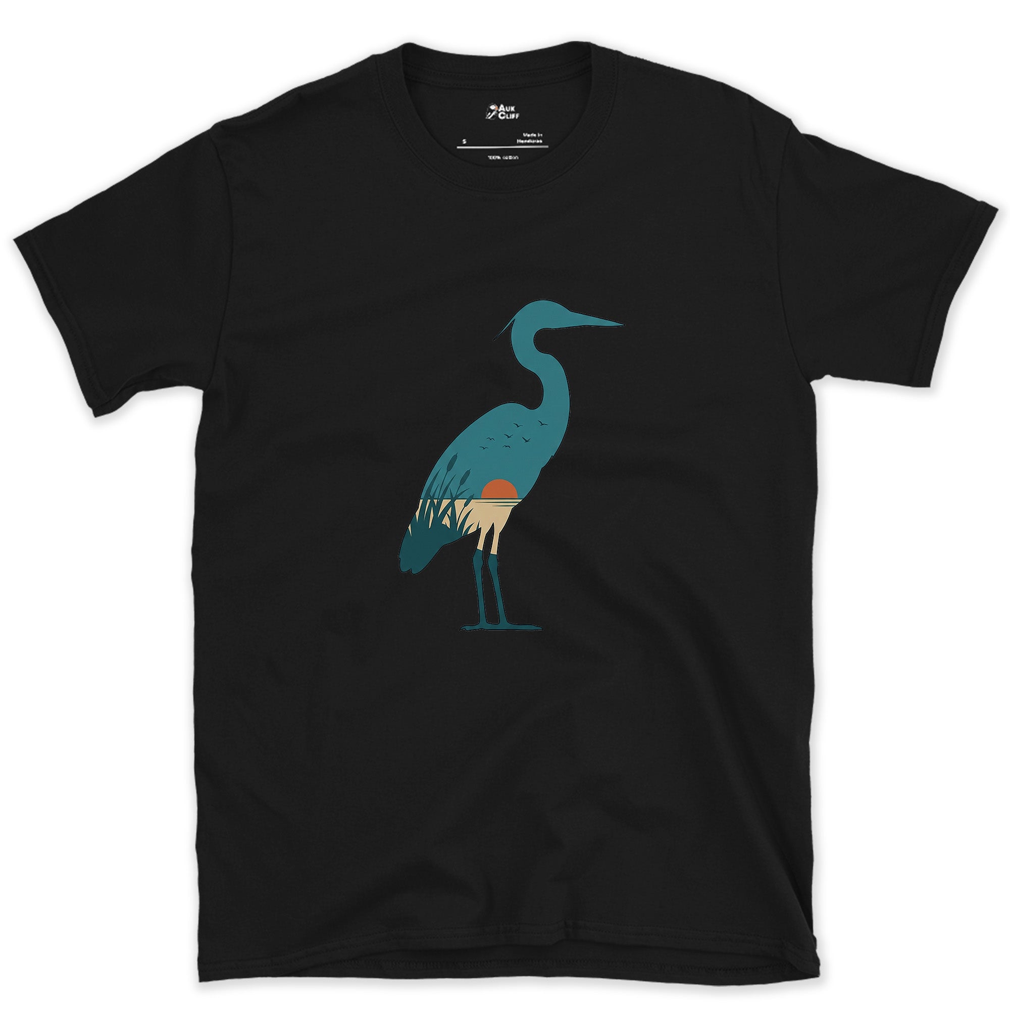 A Teal Heron Kept Flat Except at the Feet design on a Black Gildan Softstyle t-shirt