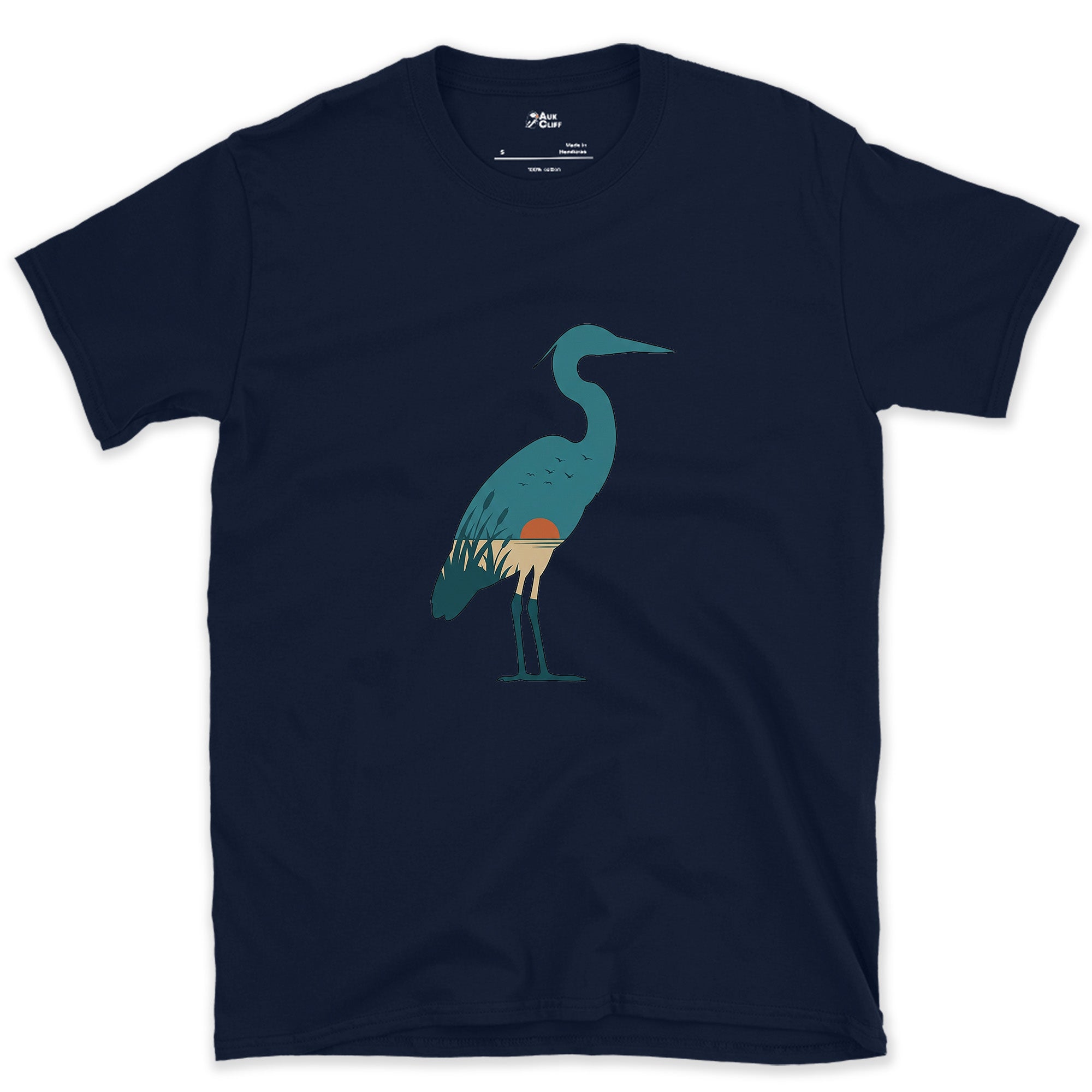 A Teal Heron Kept Flat Except at the Feet design on a Navy Gildan Softstyle t-shirt
