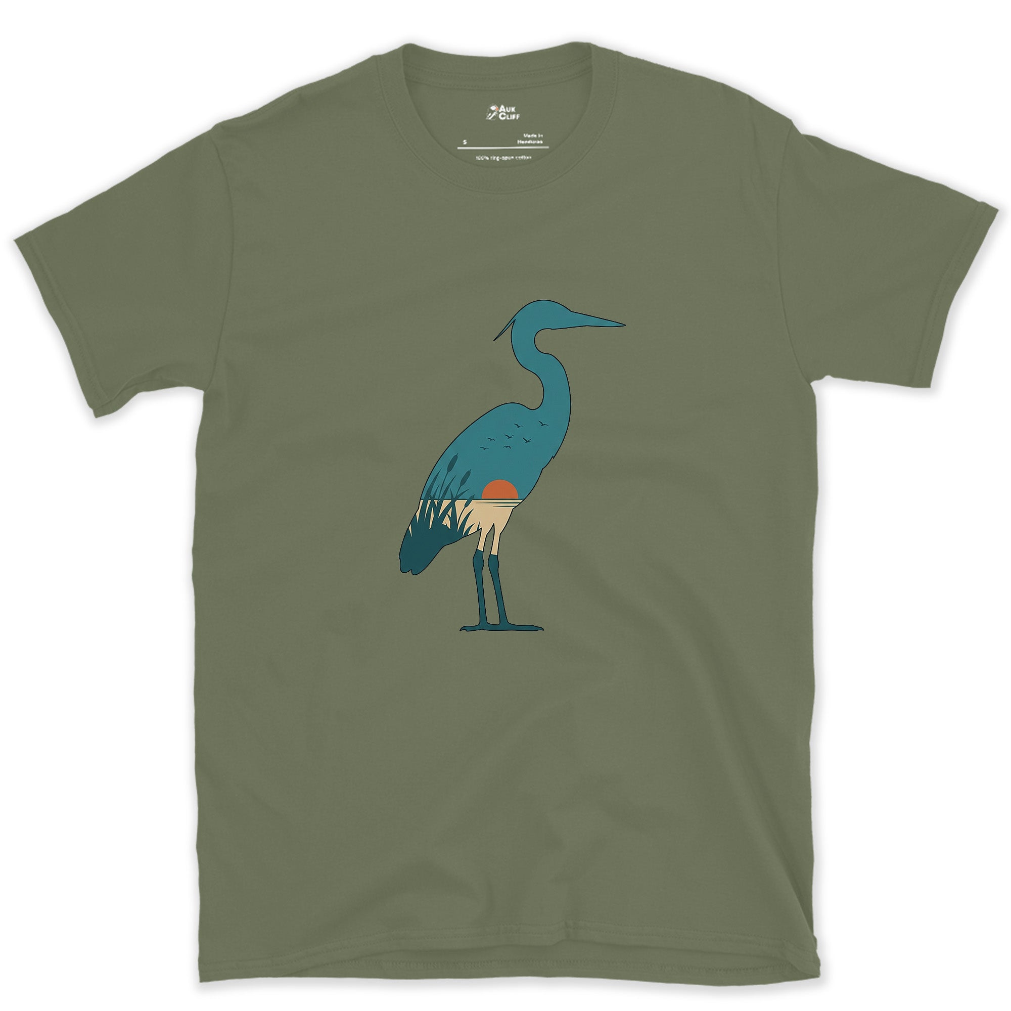 A Teal Heron Kept Flat Except at the Feet design on a Military Green Gildan Softstyle t-shirt