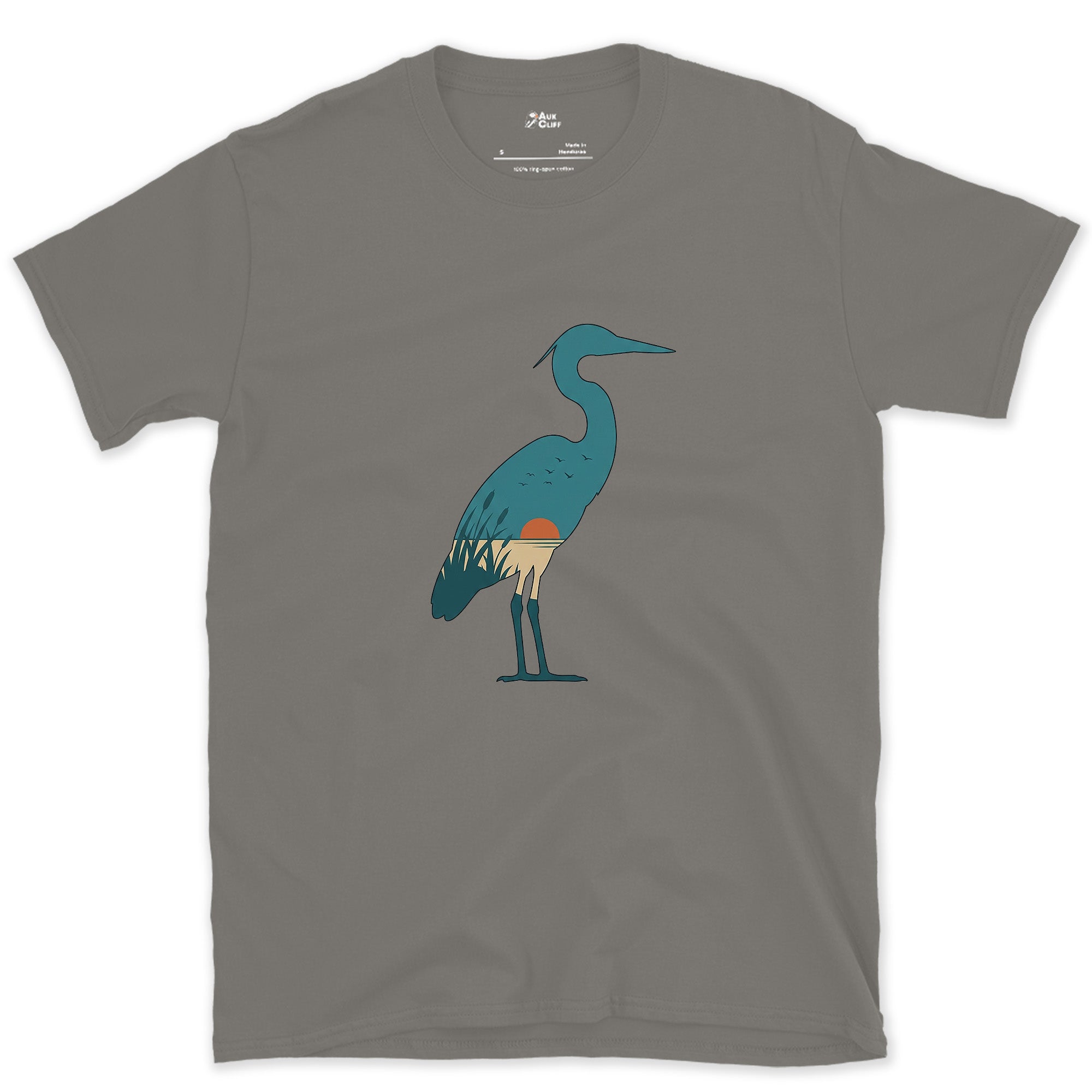 A Teal Heron Kept Flat Except at the Feet design on a Charcoal Gildan Softstyle t-shirt