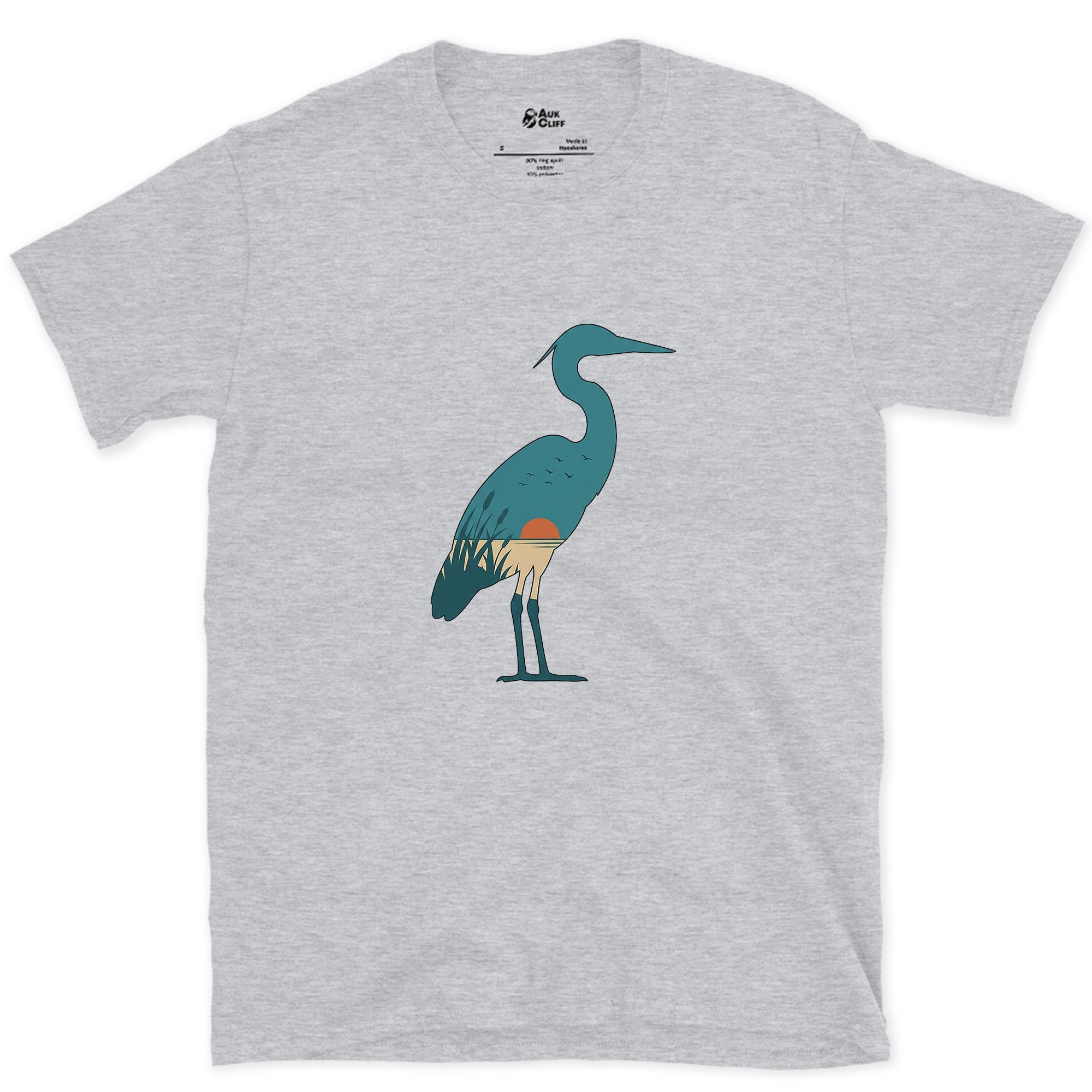 A Teal Heron Kept Flat Except at the Feet design on a Sport Grey Gildan Softstyle t-shirt