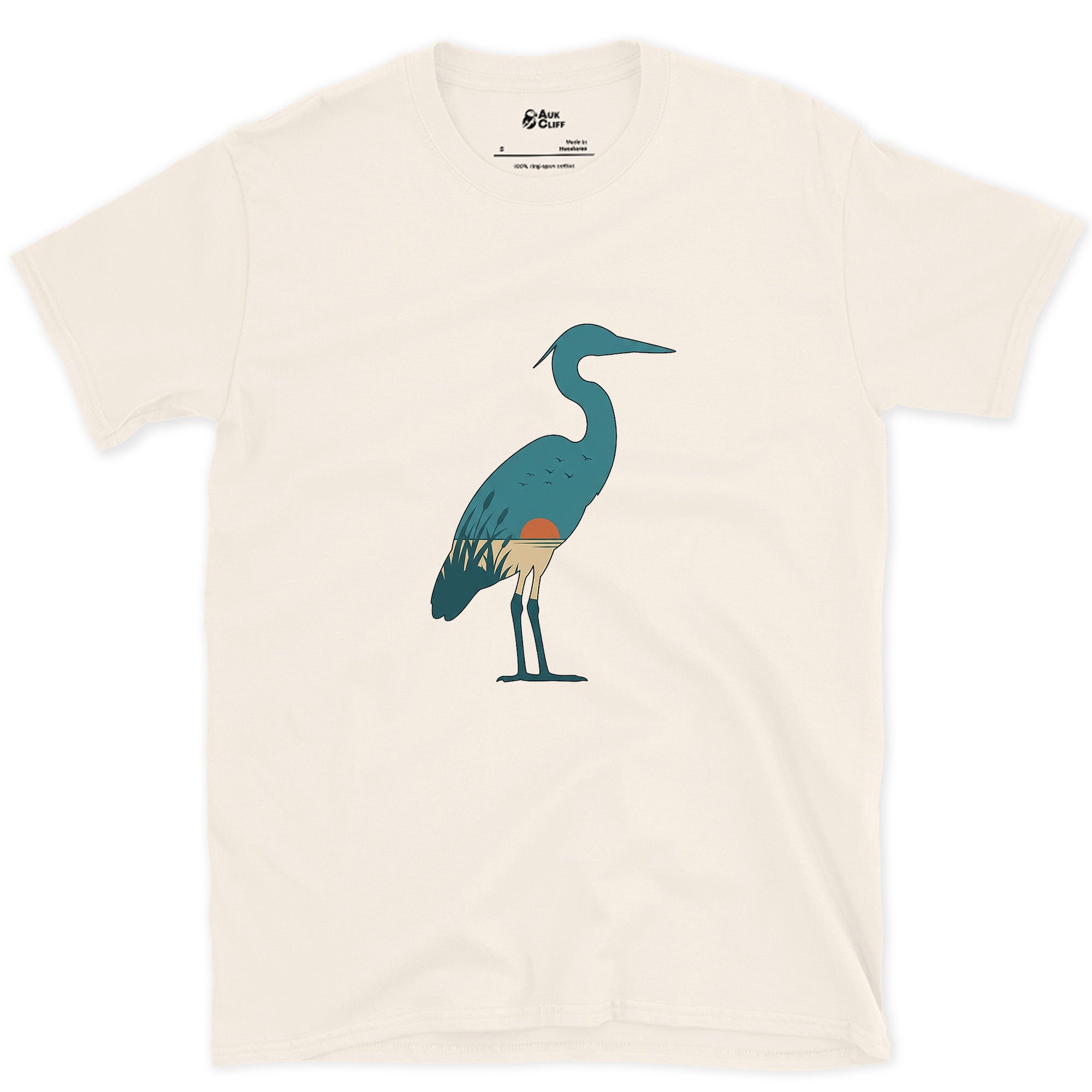 A Teal Heron Kept Flat Except at the Feet design on a Natural Gildan Softstyle t-shirt