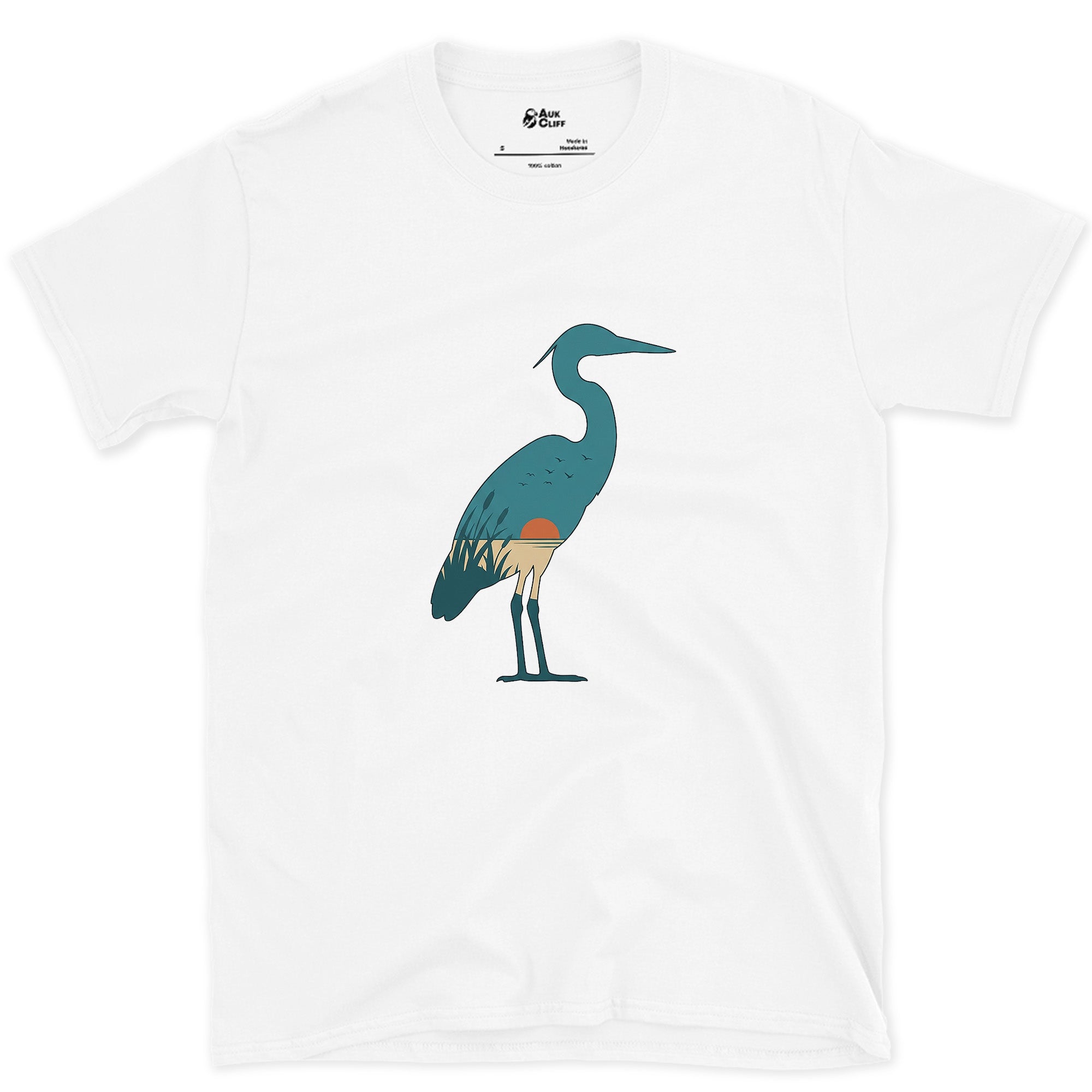 A Teal Heron Kept Flat Except at the Feet design on a White Gildan Softstyle t-shirt