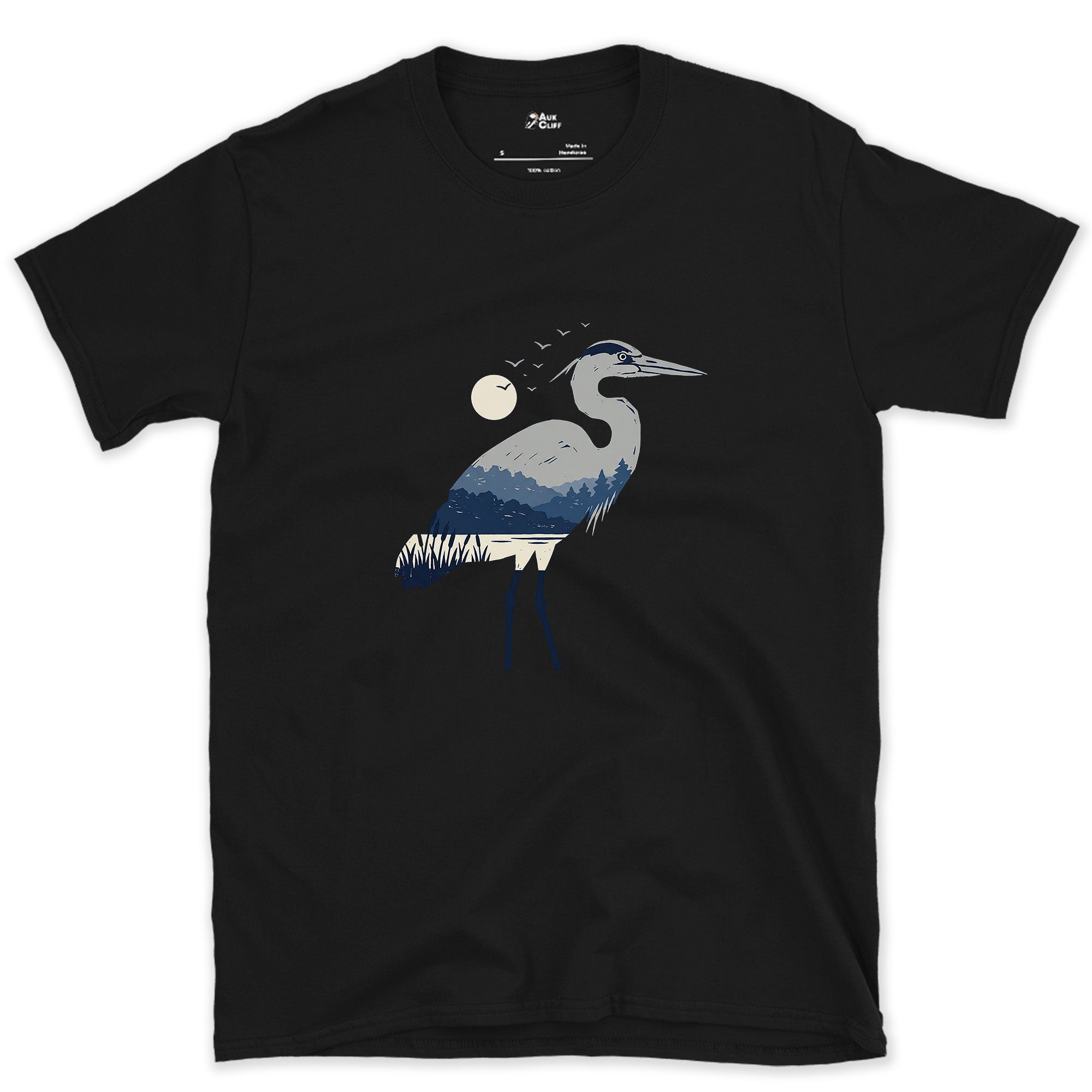 The Heron Holding a Whole Landscape Inside It design on a Black Gildan Softstyle t-shirt