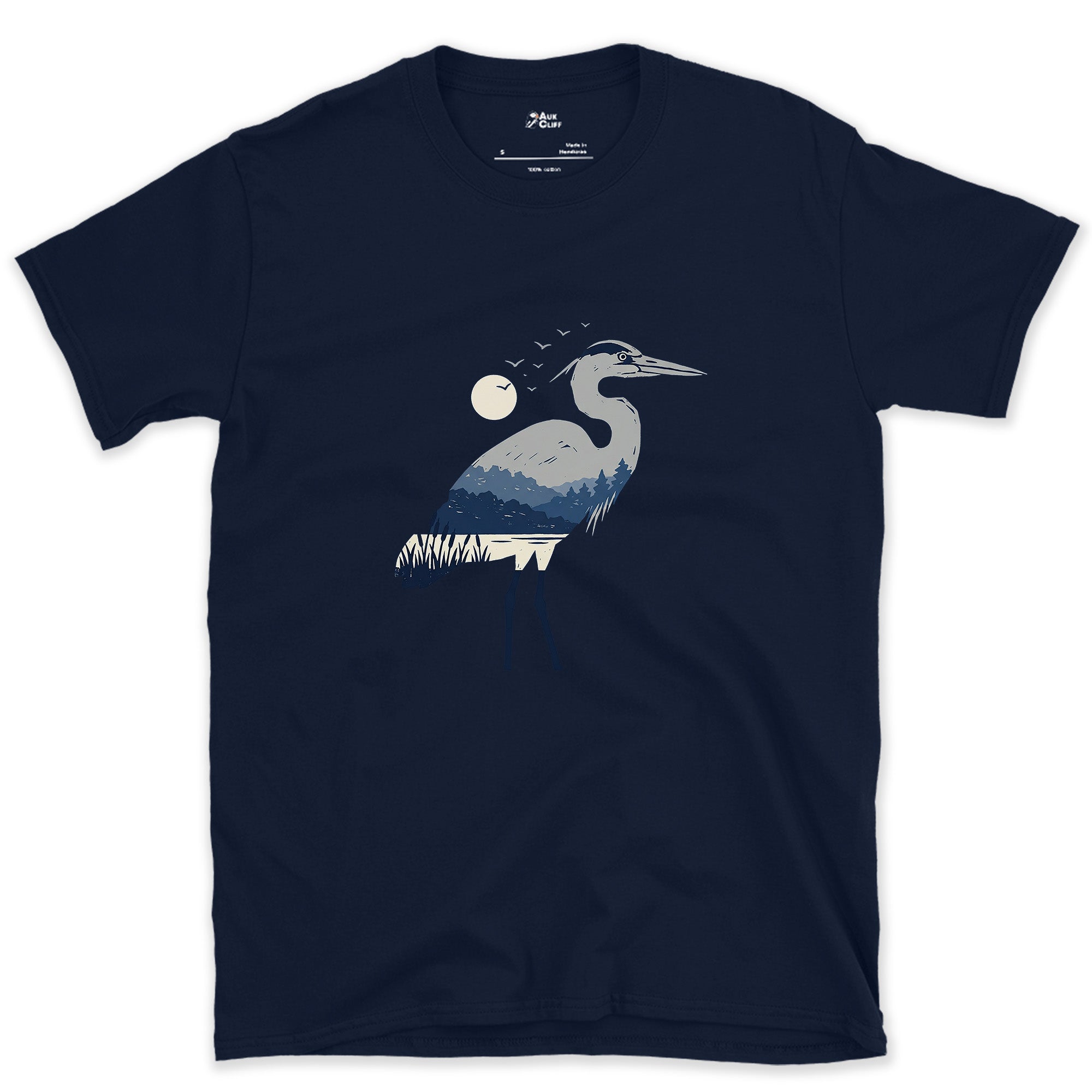 The Heron Holding a Whole Landscape Inside It design on a Navy Gildan Softstyle t-shirt