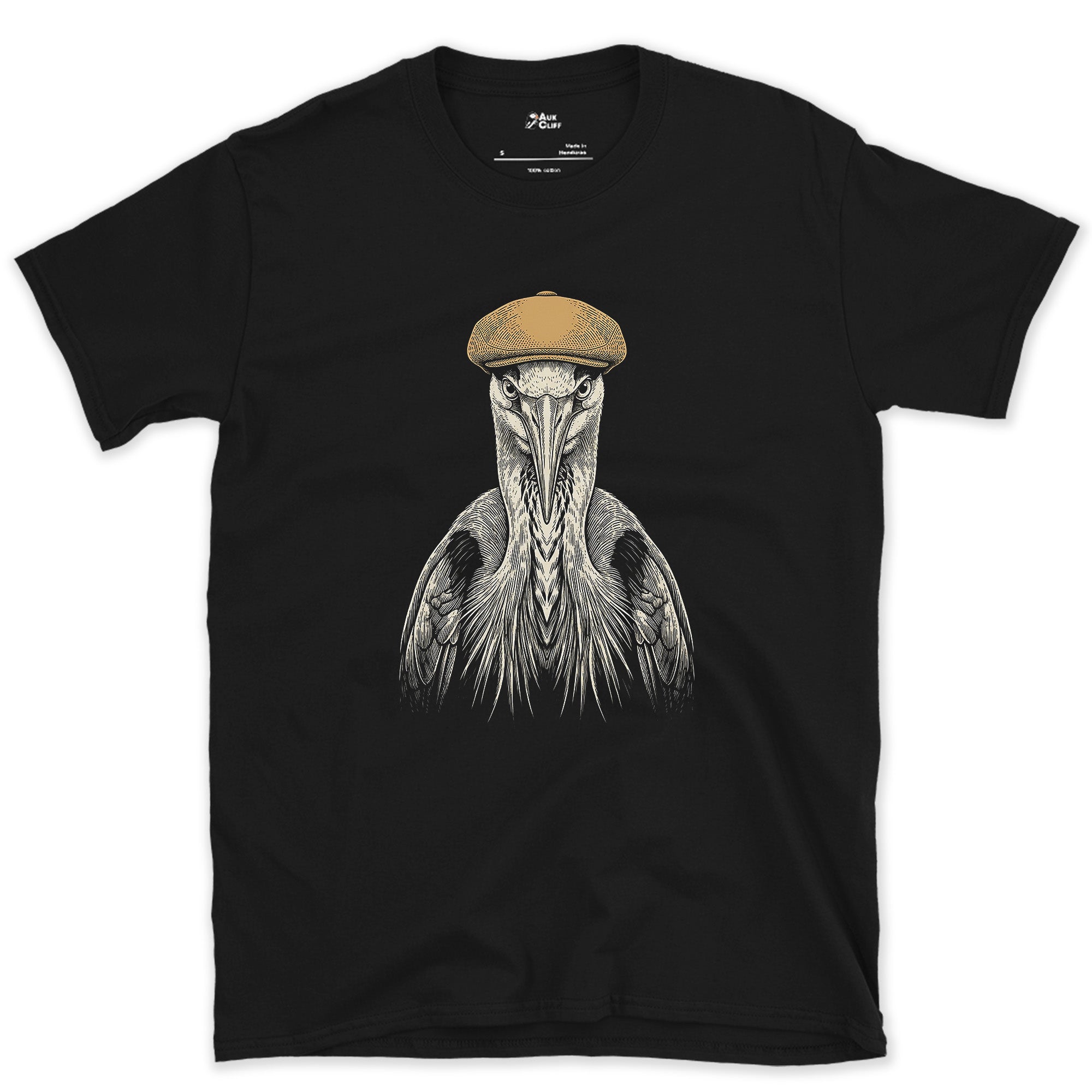 Riverside Regular, Heron in a Flat Cap design on a Black Gildan Softstyle t-shirt