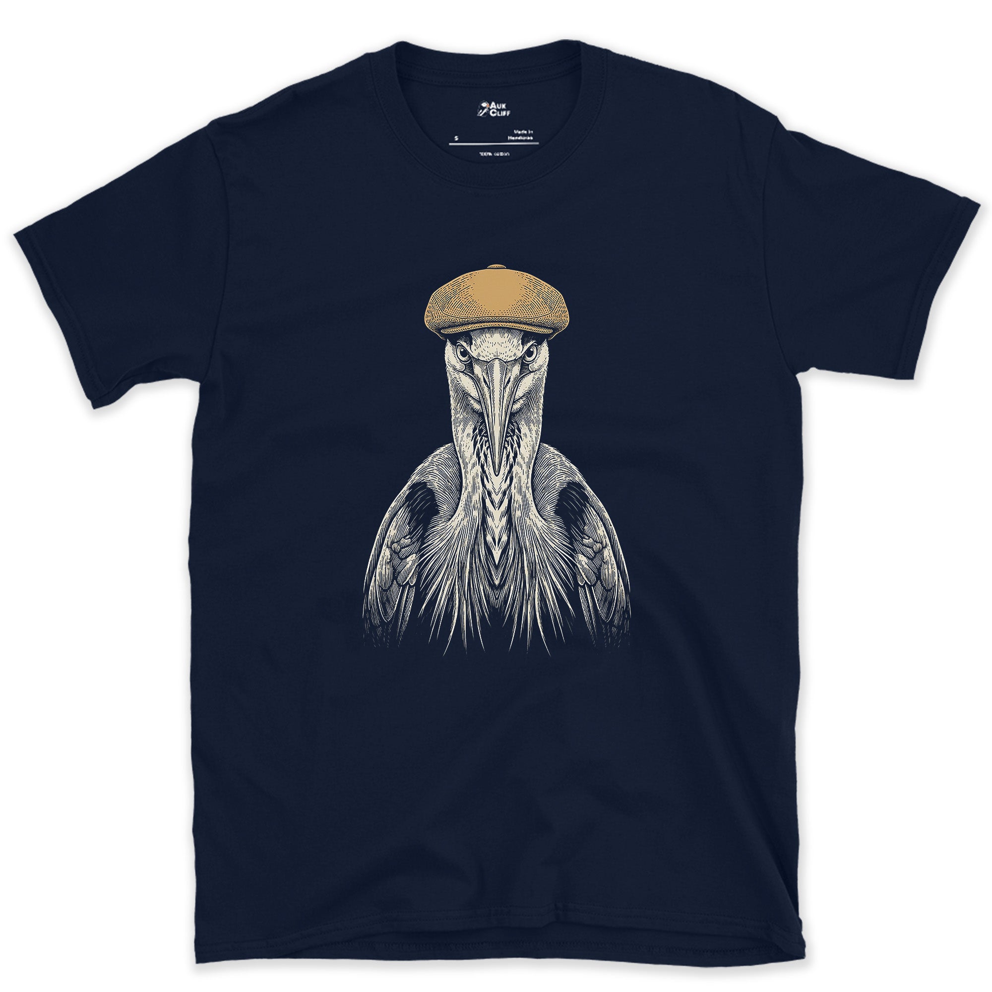 Riverside Regular, Heron in a Flat Cap design on a Navy Gildan Softstyle t-shirt