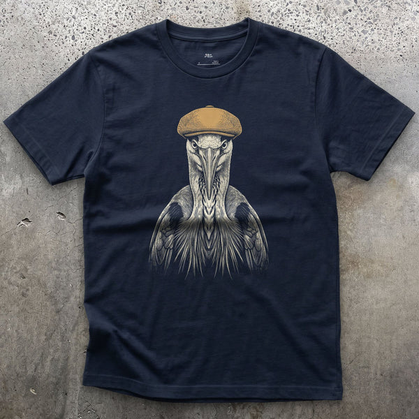 Riverside Regular, Heron in a Flat Cap design on a Navy Gildan Softstyle t-shirt