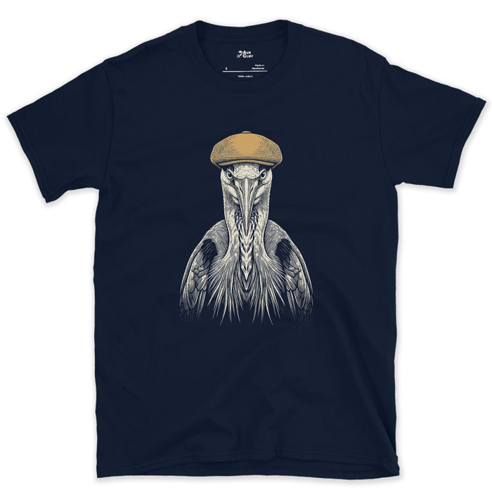Riverside Regular, Heron in a Flat Cap design on a Navy Gildan Softstyle t-shirt