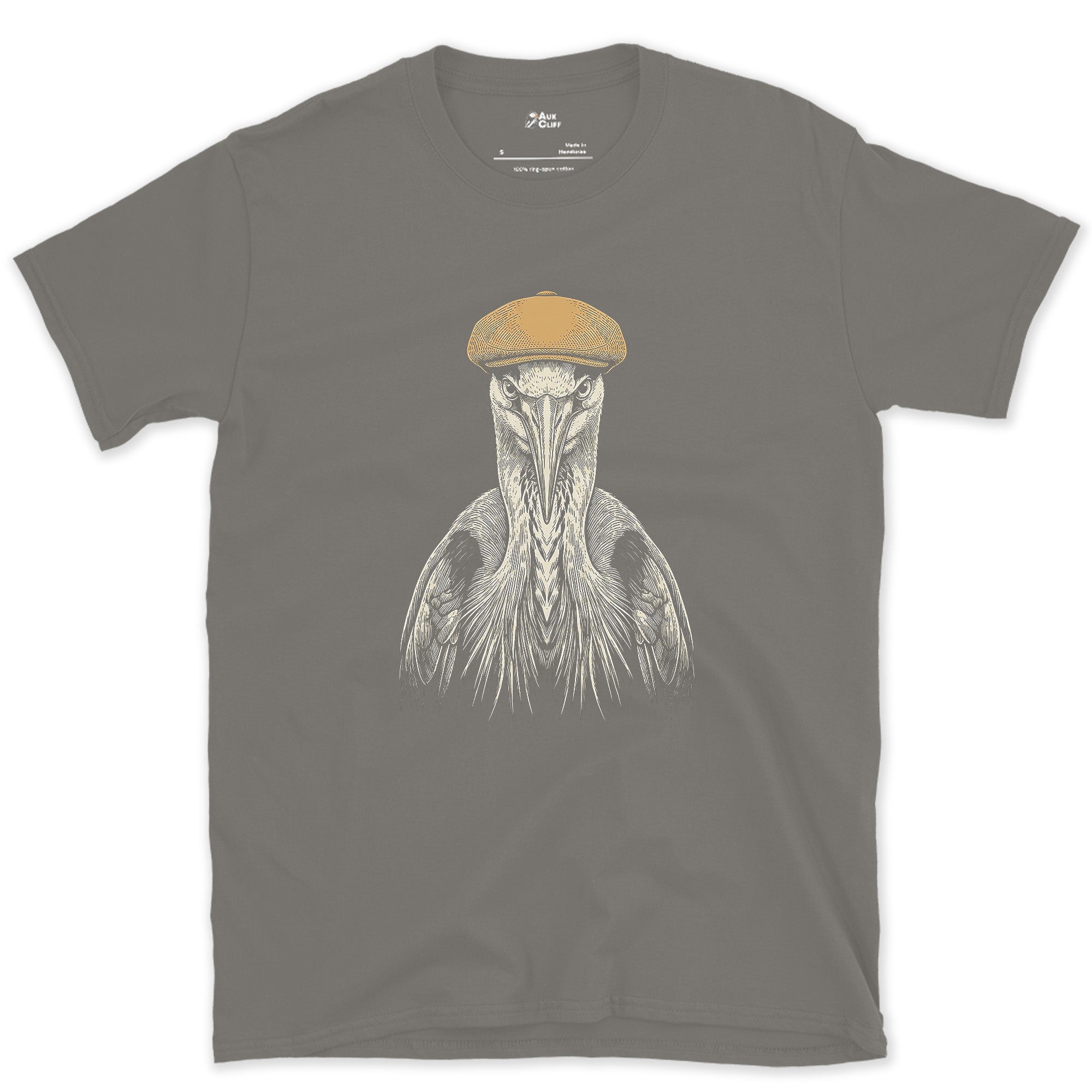 Riverside Regular, Heron in a Flat Cap design on a Charcoal Gildan Softstyle t-shirt