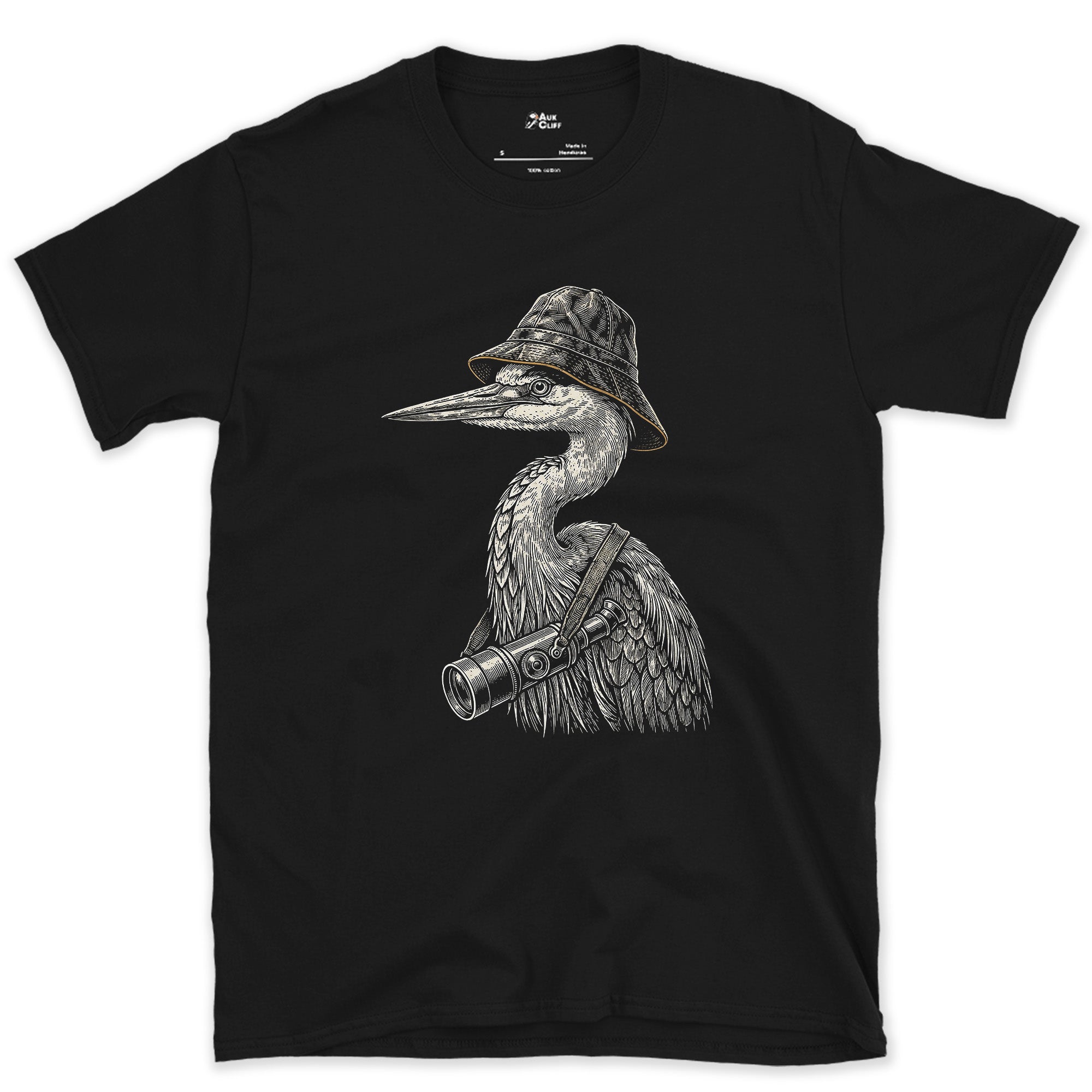 Dressed for the Long Wait, Heron With a Scope design on a Black Gildan Softstyle t-shirt