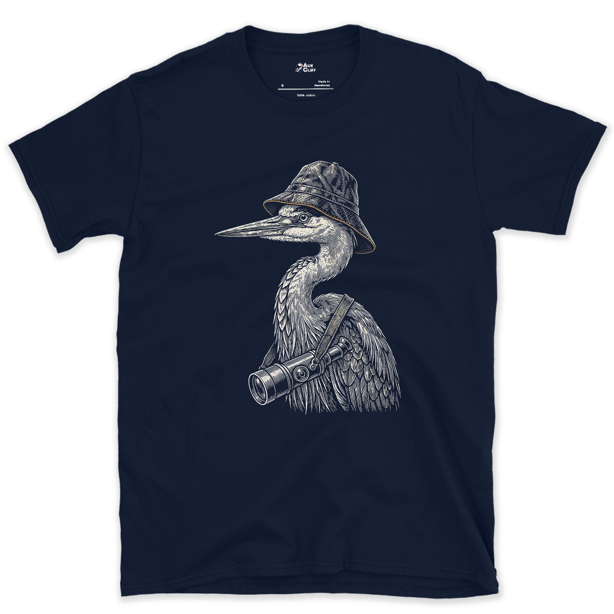Dressed for the Long Wait, Heron With a Scope design on a Navy Gildan Softstyle t-shirt