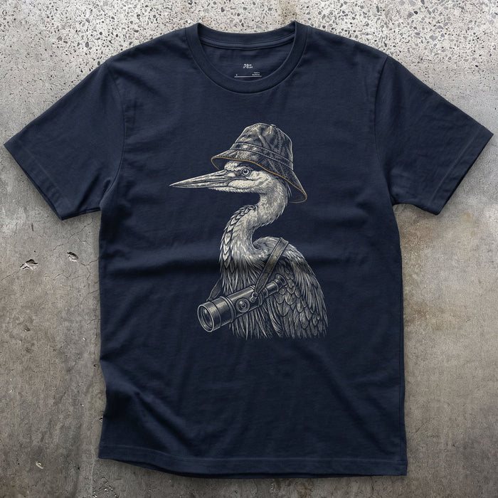 Dressed for the Long Wait, Heron With a Scope design on a Navy Gildan Softstyle t-shirt