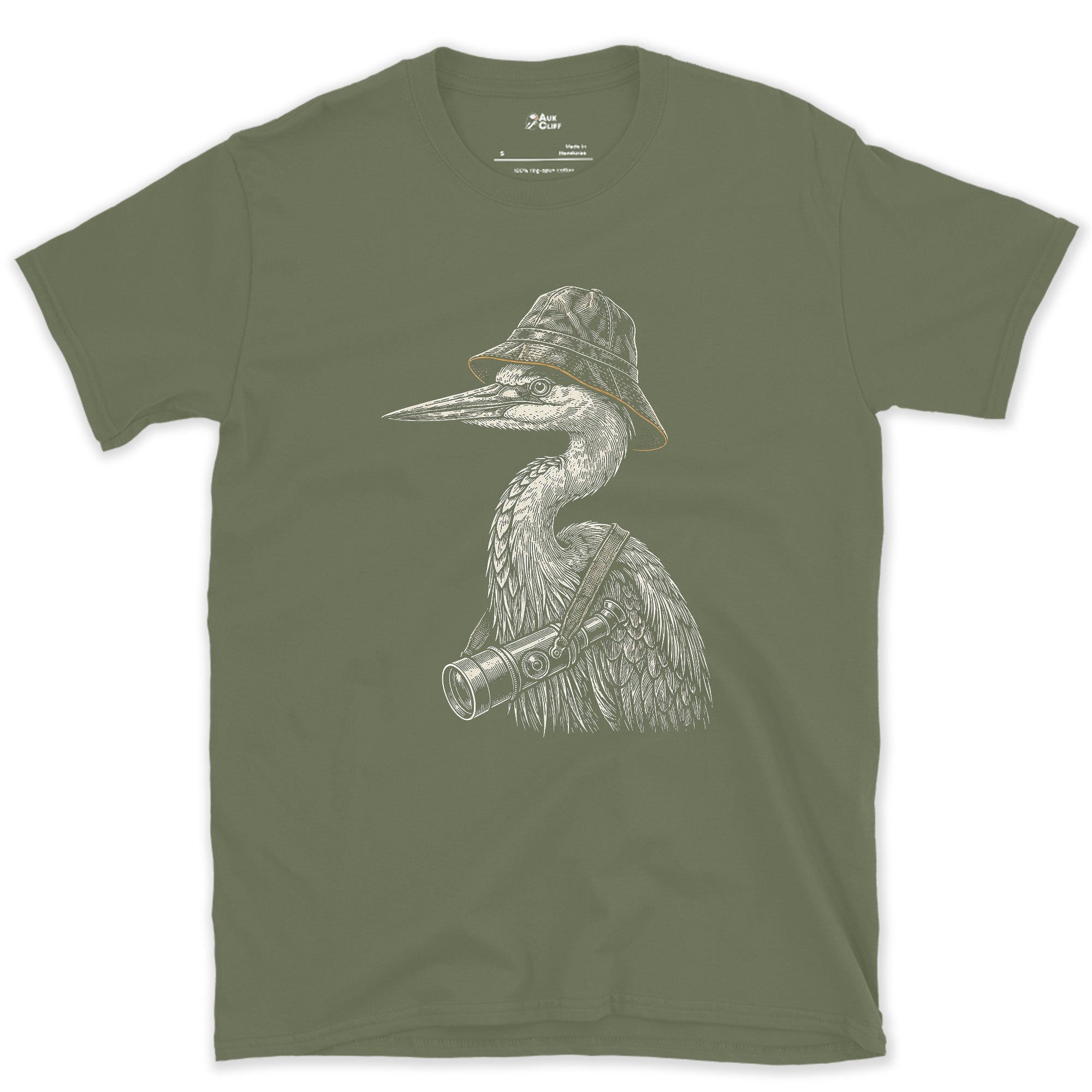 Dressed for the Long Wait, Heron With a Scope design on a Military Green Gildan Softstyle t-shirt
