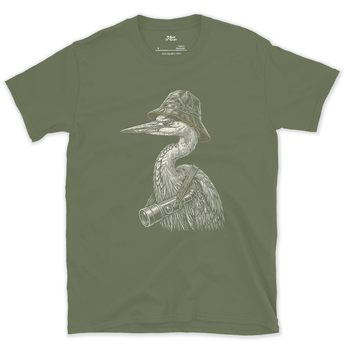 Dressed for the Long Wait, Heron With a Scope design on a Military Green Gildan Softstyle t-shirt
