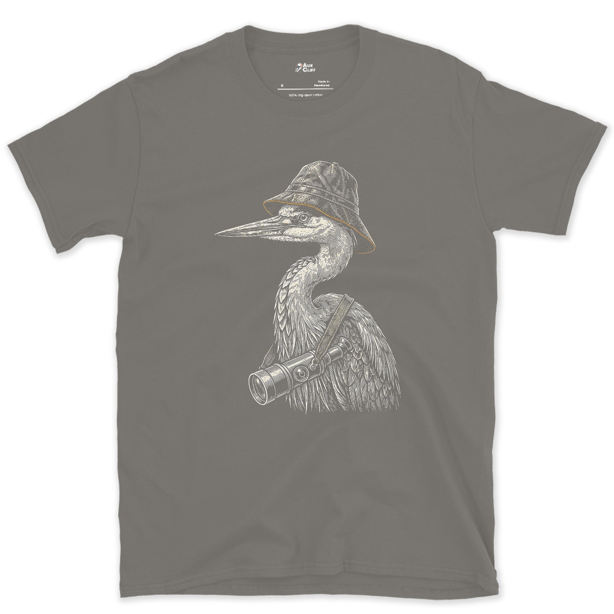 Dressed for the Long Wait, Heron With a Scope design on a Charcoal Gildan Softstyle t-shirt