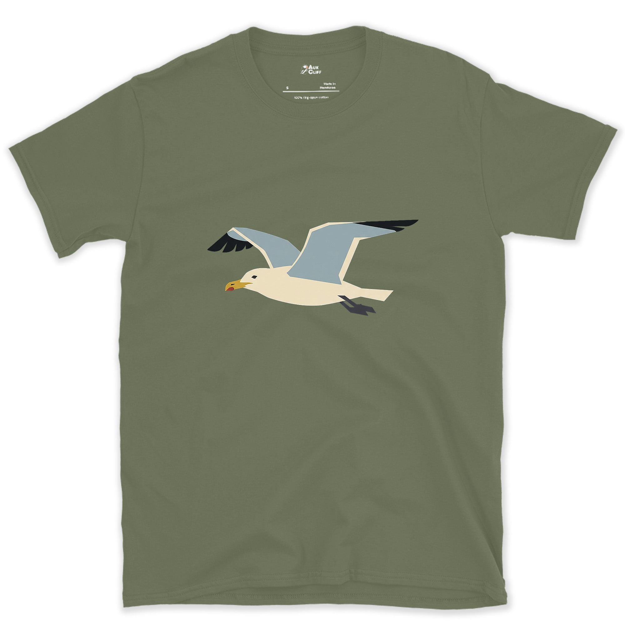 Banking Hard, Gull in Flight design on a Military Green Gildan Softstyle t-shirt