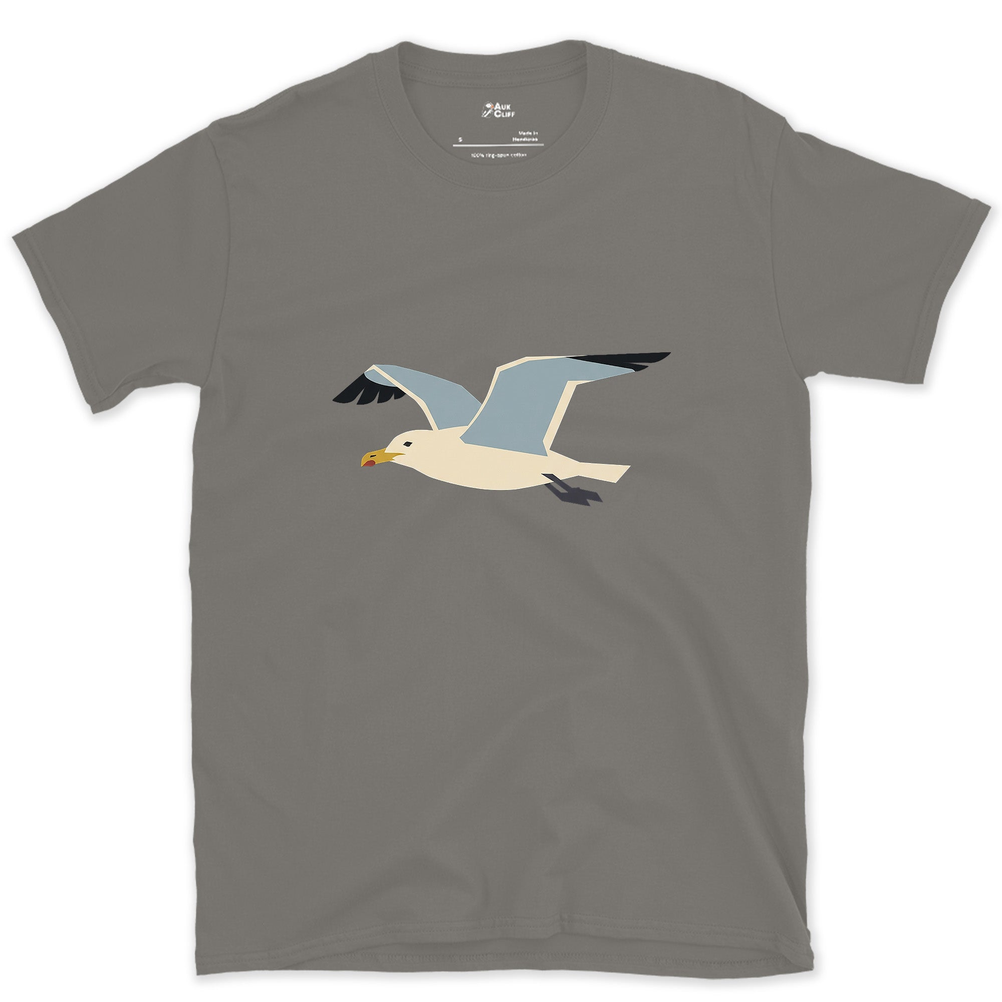 Banking Hard, Gull in Flight design on a Charcoal Gildan Softstyle t-shirt