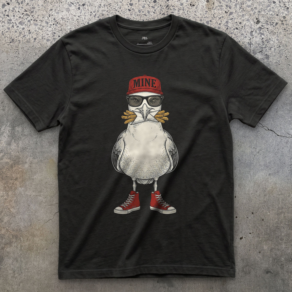 Mine, Herring Gull on the Beach in Sneakers design on a Black Gildan Softstyle t-shirt