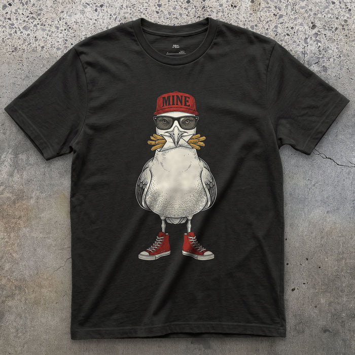 Mine, Herring Gull on the Beach in Sneakers design on a Black Gildan Softstyle t-shirt