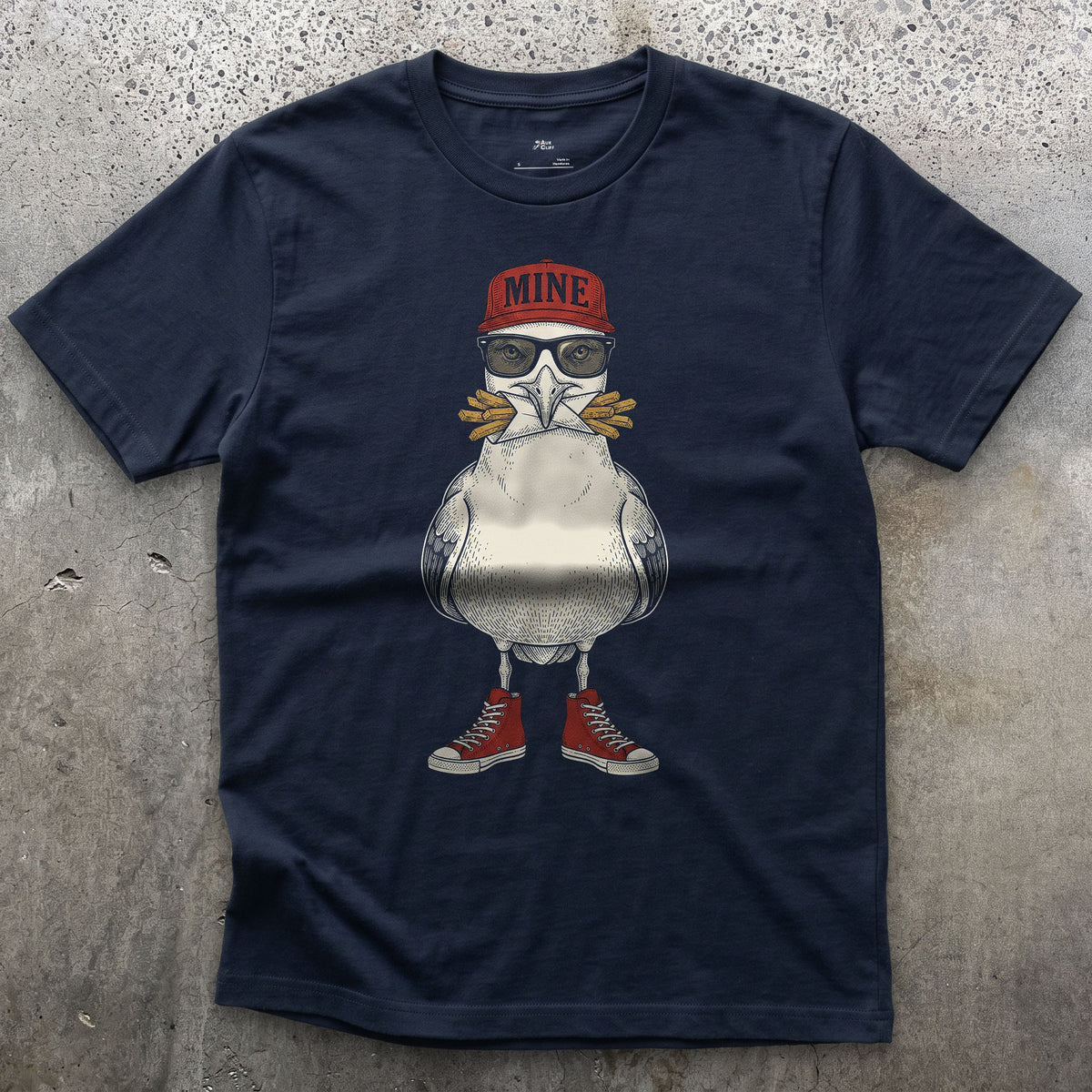 Mine, Herring Gull on the Beach in Sneakers design on a Navy Gildan Softstyle t-shirt