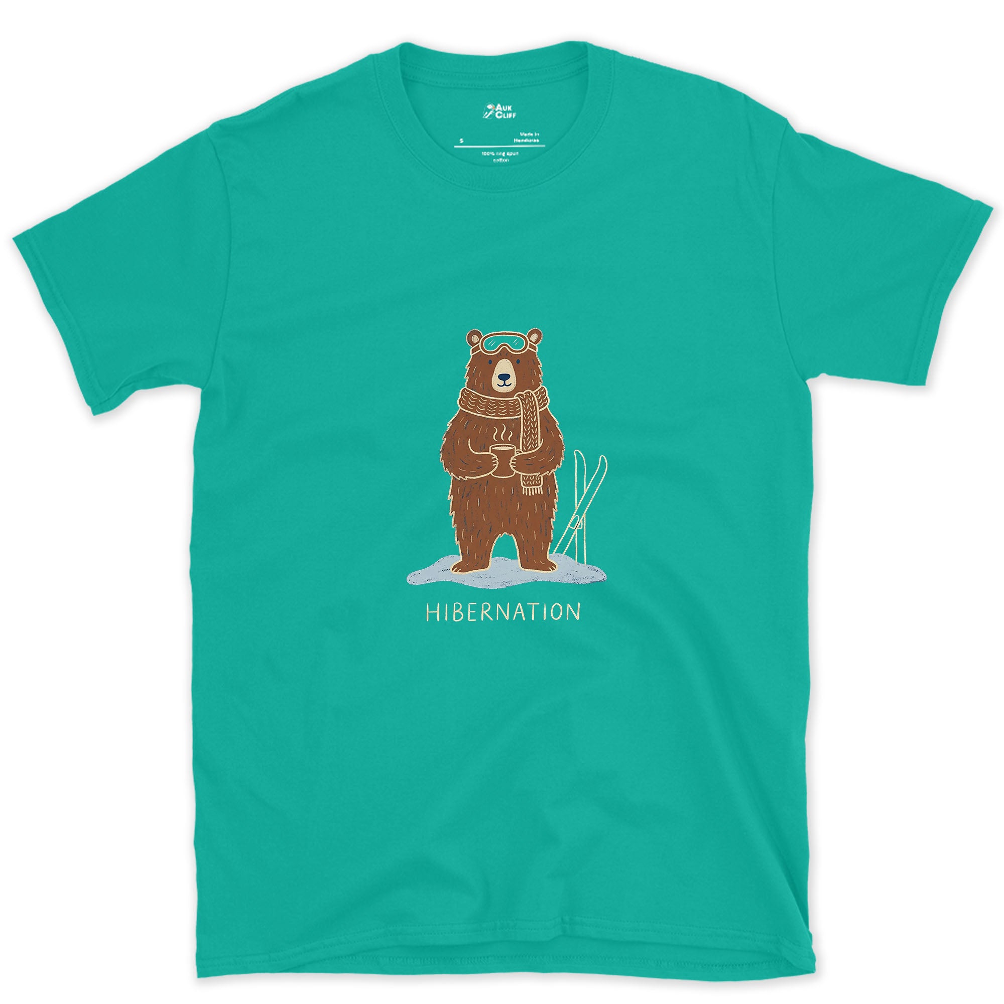 Hibernation, Bear in Goggles and a Scarf design on a Jade Dome Gildan Softstyle t-shirt
