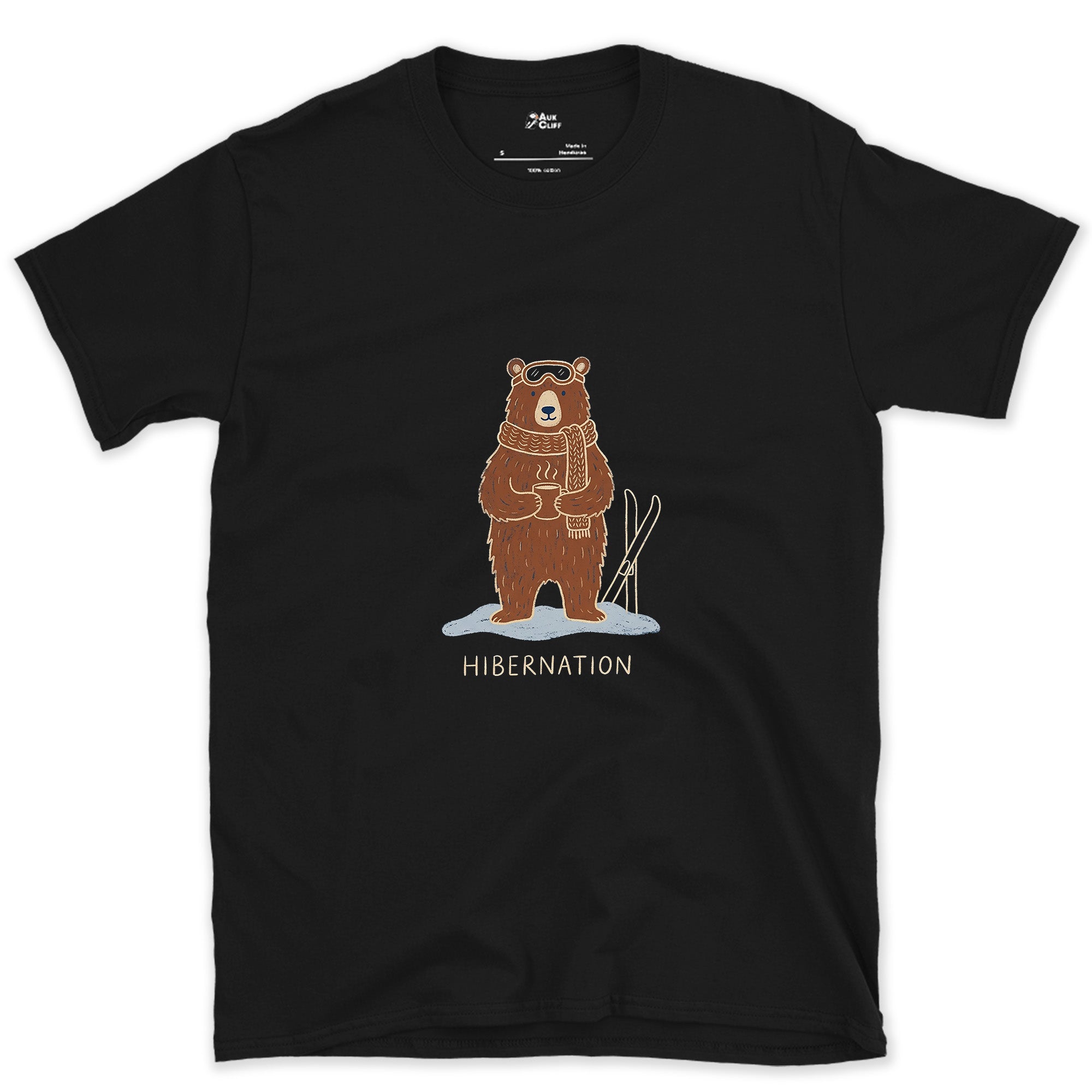 Hibernation, Bear in Goggles and a Scarf design on a Black Gildan Softstyle t-shirt