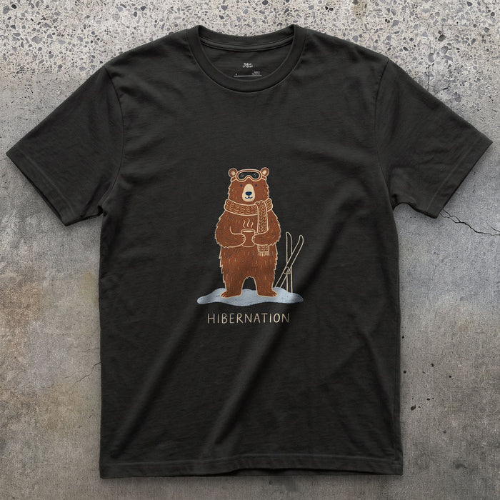 Hibernation, Bear in Goggles and a Scarf design on a Black Gildan Softstyle t-shirt