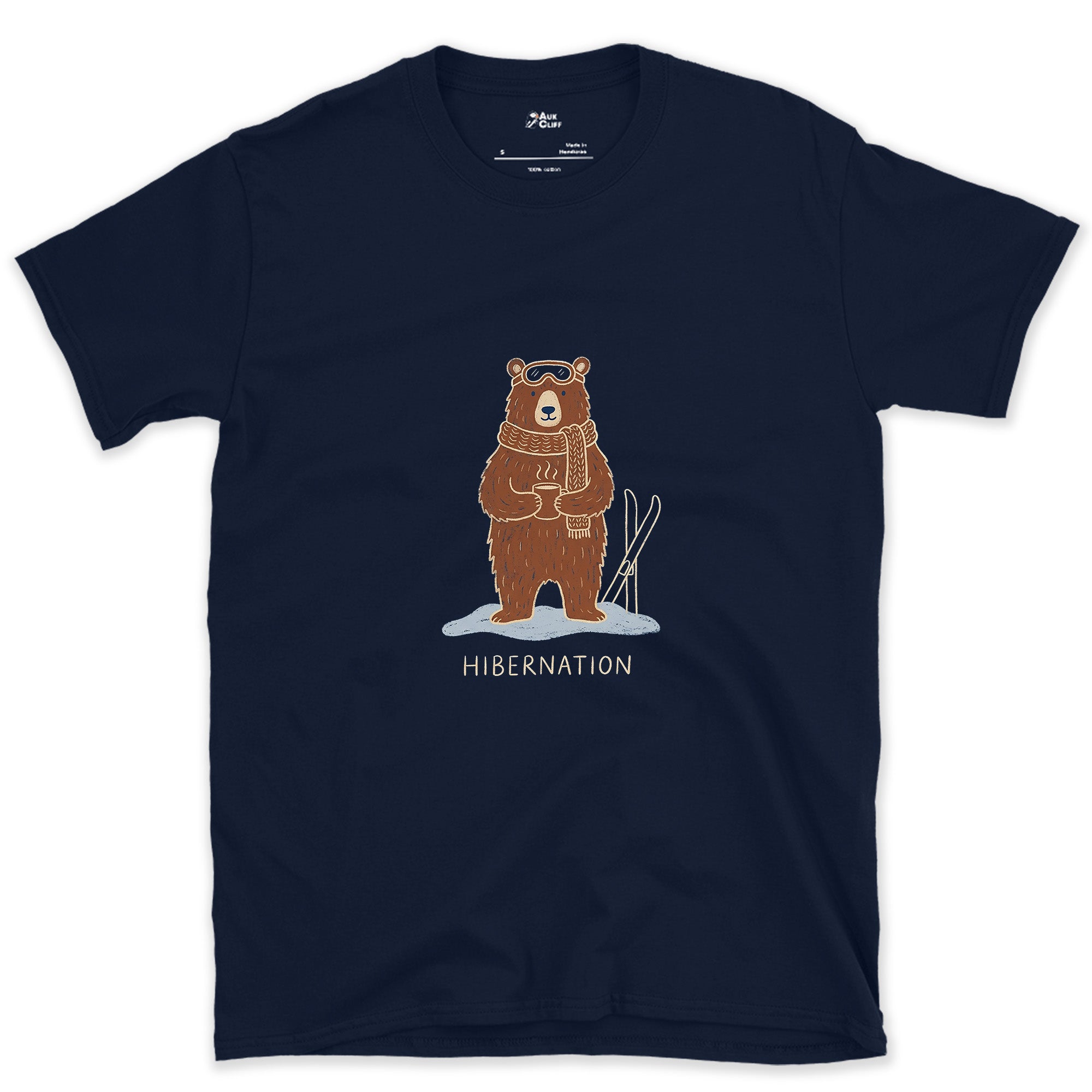 Hibernation, Bear in Goggles and a Scarf design on a Navy Gildan Softstyle t-shirt