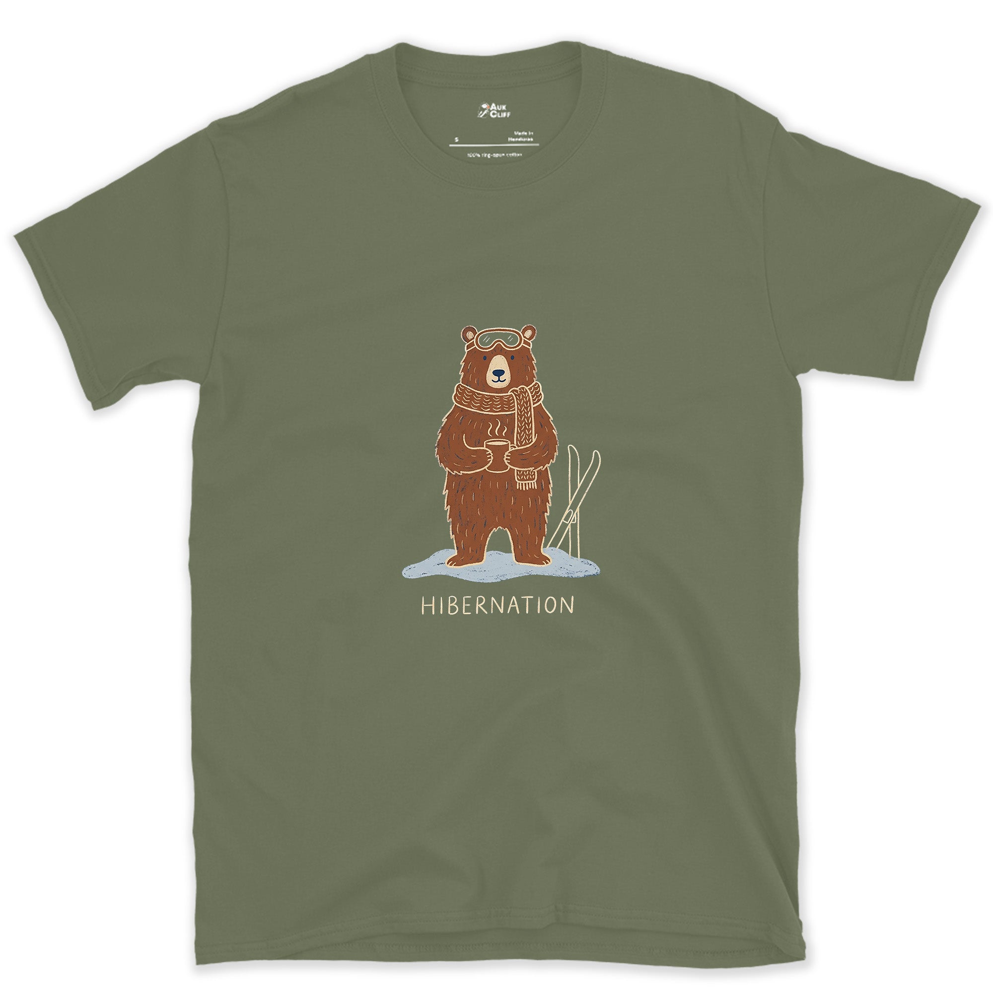 Hibernation, Bear in Goggles and a Scarf design on a Military Green Gildan Softstyle t-shirt