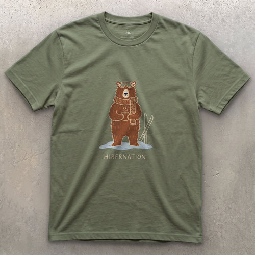 Hibernation, Bear in Goggles and a Scarf design on a Military Green Gildan Softstyle t-shirt