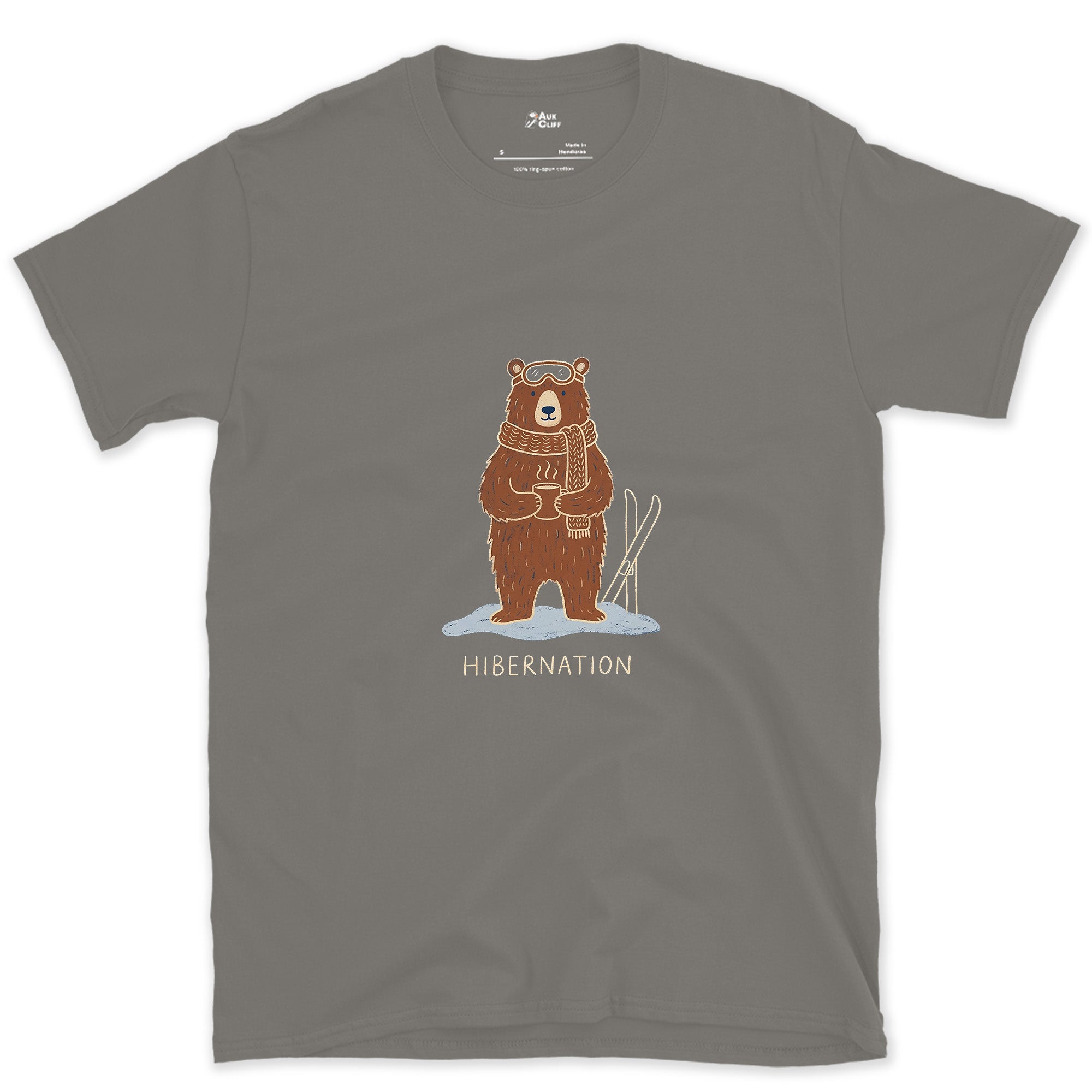 Hibernation, Bear in Goggles and a Scarf design on a Charcoal Gildan Softstyle t-shirt