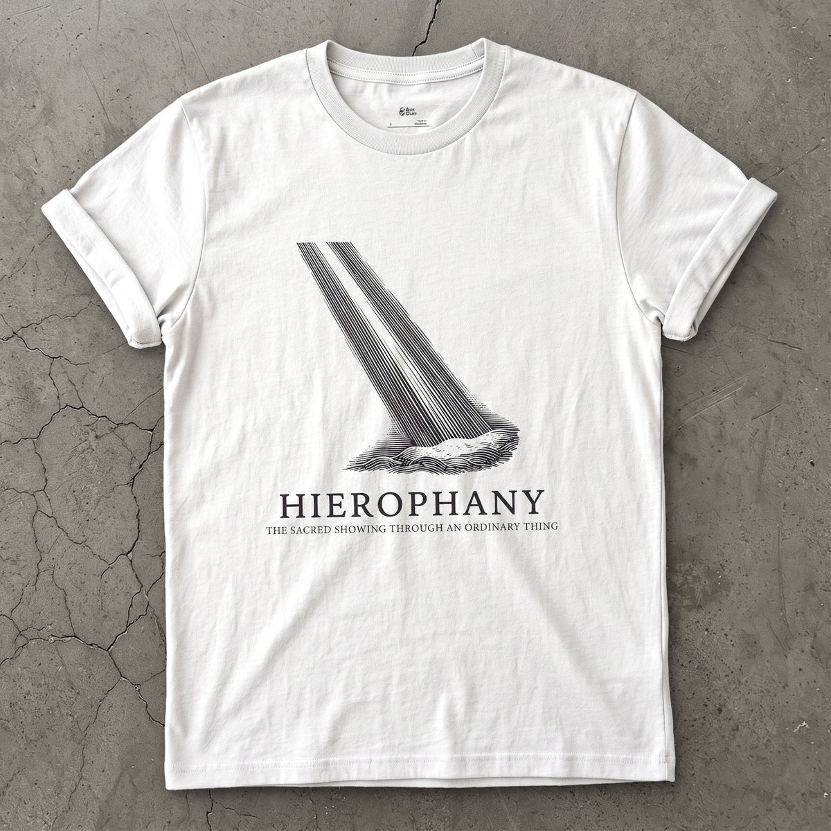 Hierophany, the Sacred Showing Through an Ordinary Thing design on a White Gildan Softstyle t-shirt